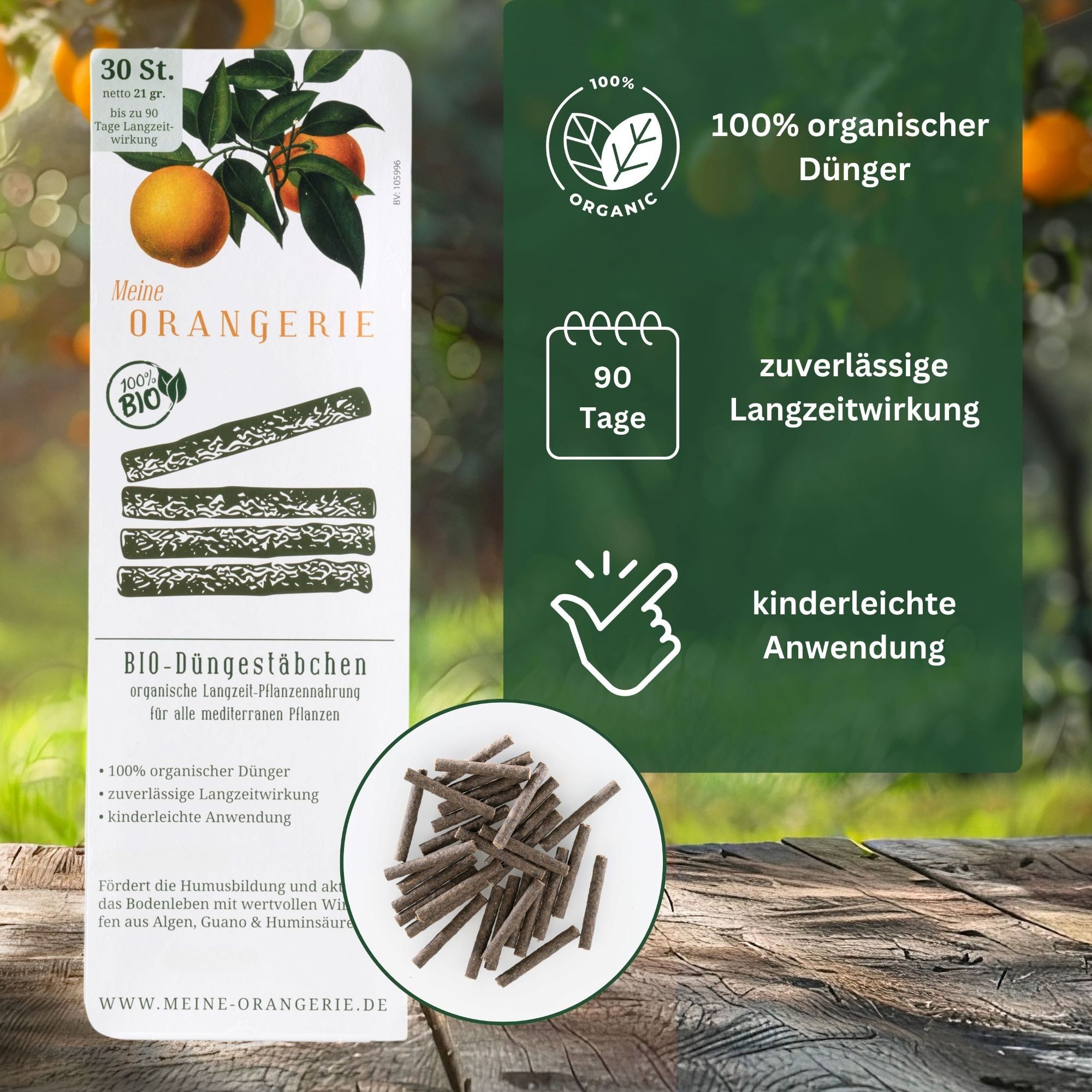 Meine Orangerie Spezialdünger BIO Düngestäbchen - 30 Sticks - organischer Pflanzendünger, 1, Packung, optimale Pflanzennahrung für alle mediterrane Pflanzen, fördert Bodenleben, Humusbildung und gesundes Pflanzenwachstum