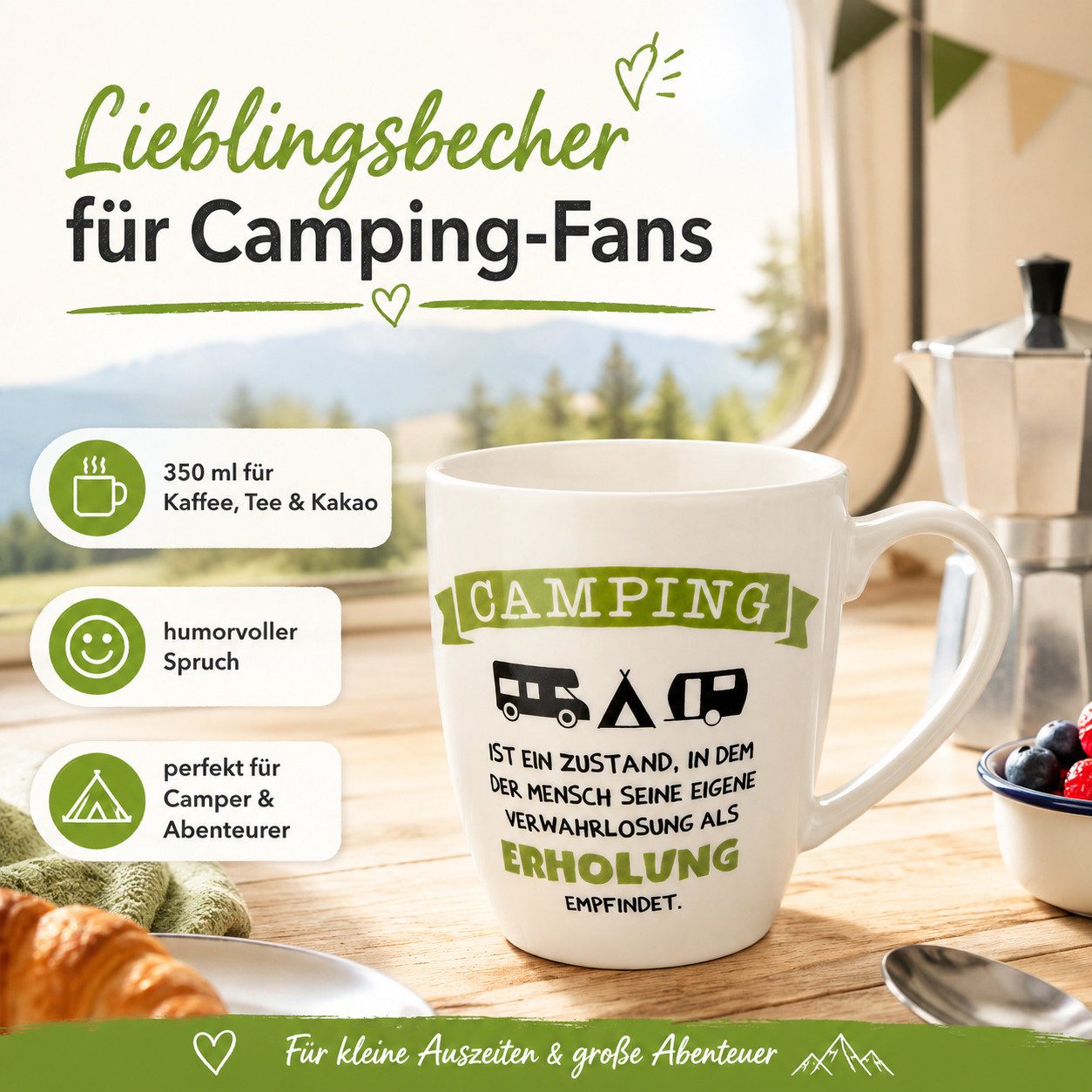 GILDE Tasse Camping Tasse mit Spruch 350 ml Keramik Becher Wohnwagenmotiv, 1-tlg., Porzellan