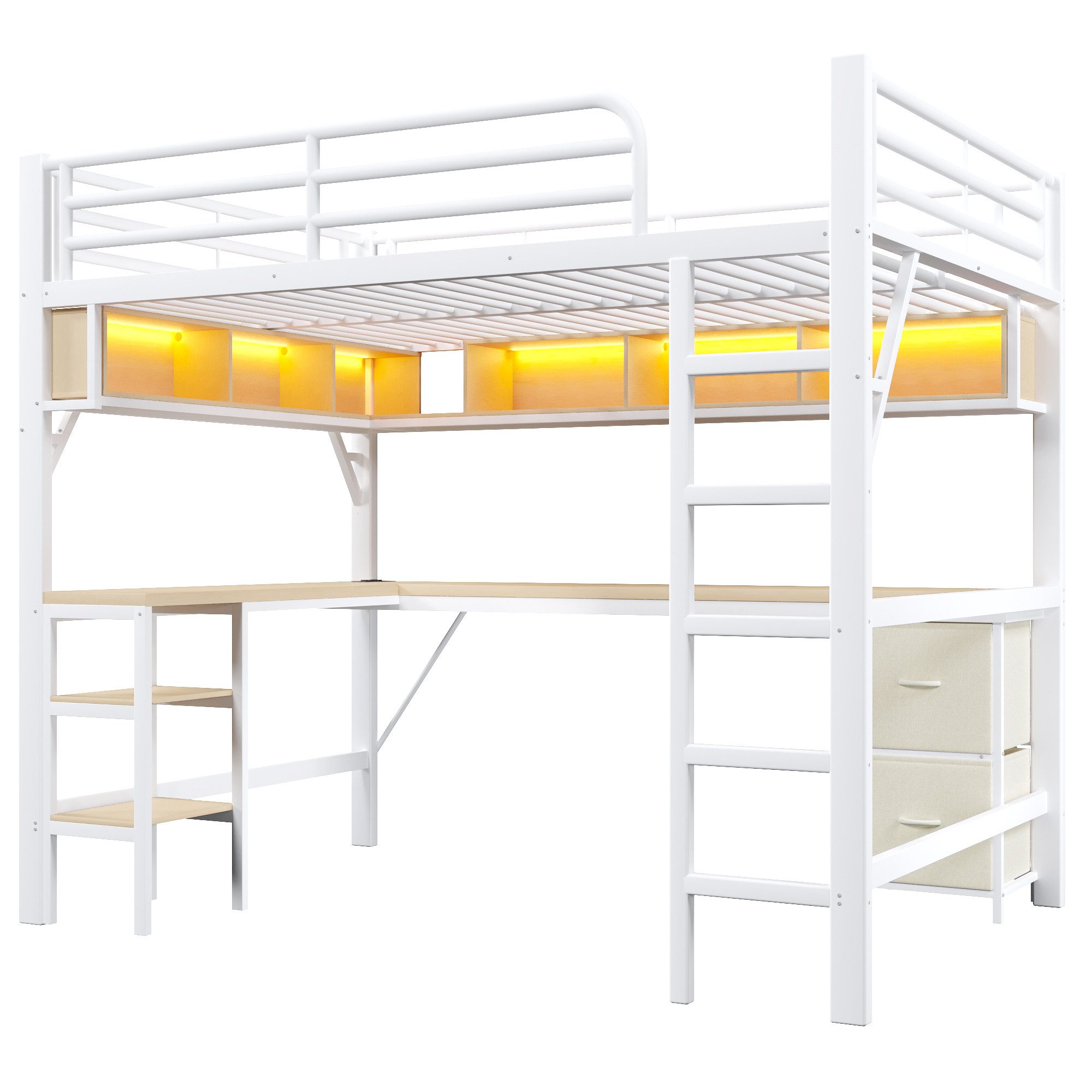 Merax Hochbett 140x200cm Metallbett mit LED-Beleuchtung & USB-Anschluss (1-St., Jugendbett Stockbett Einzelbett) Kinderbett mit Schreibtisch Bücherregal Ablagefächern Stauraum Leiter