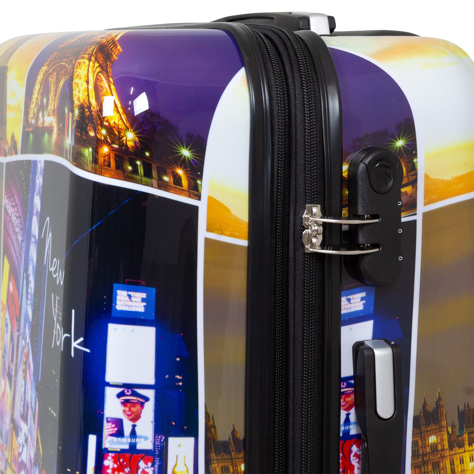 Trendyshop365 Hartschalen-Trolley Janeiro, bunter Koffer mit Motiv, 3 Größen, 4 Rollen, Zahlenschloss, Polycarbonat, Dehnfalte