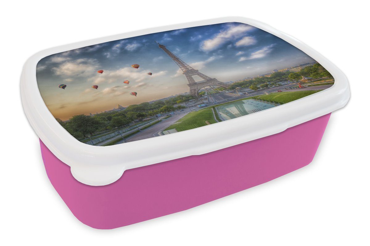 Kunststoff, Snackbox, Lunchbox Brotbox Kinder, Erwachsene, rosa für MuchoWow mit Der Mädchen, über (2-tlg), Eiffelturm Brotdose im Paris, Kunststoff Hintergrund Heißluftballons