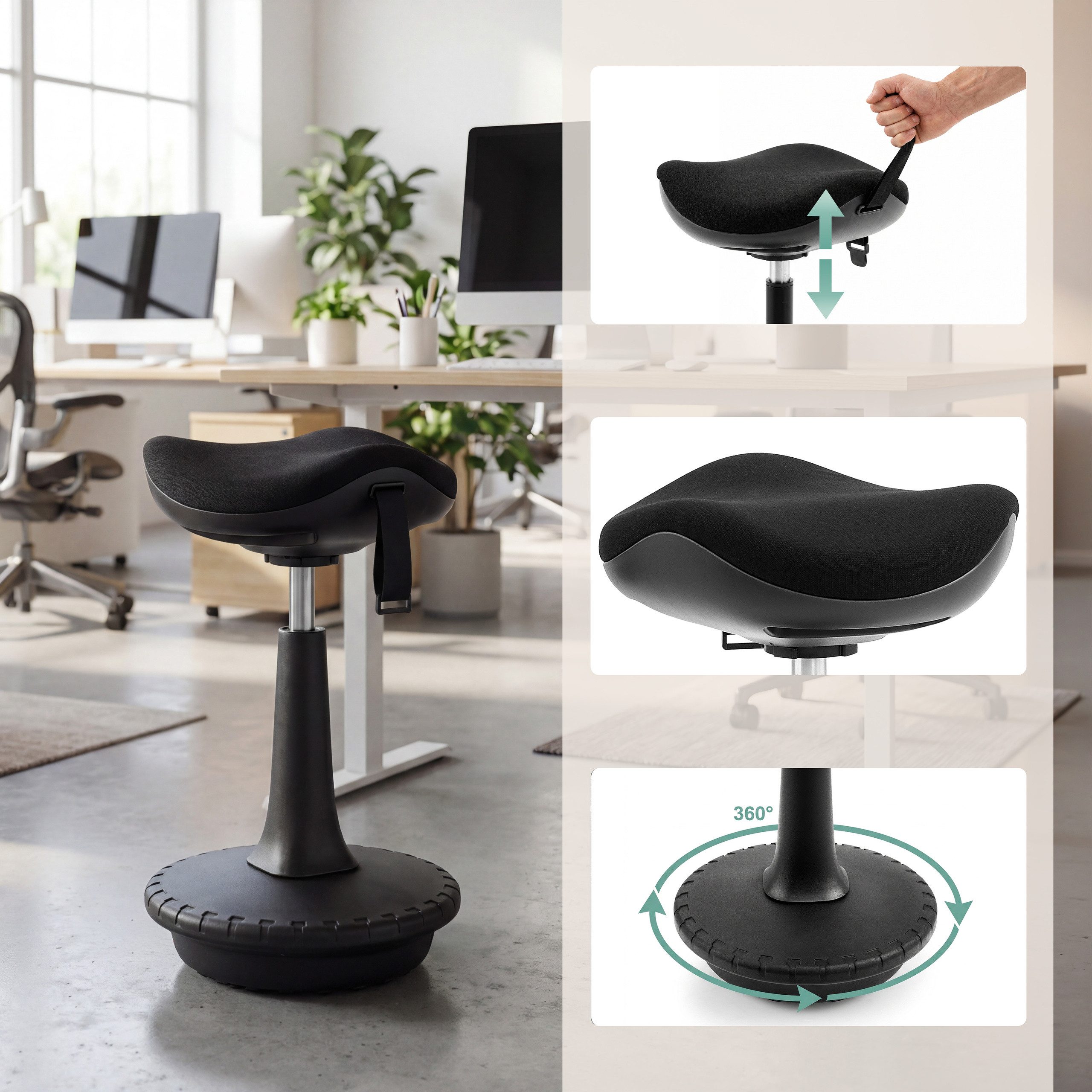 hjh OFFICE Stehhilfe Balance Sit Ergo Arbeitshocker Stoff Höhe, Fitness-Hocker höhenverstellbar, bewegliche Sitzfläche