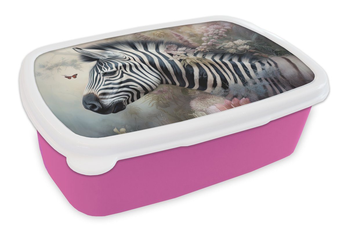 MuchoWow Lunchbox Zebra - Wilde Tiere - Schmetterling - Blumen, Kunststoff, (2-tlg), Brotbox für Erwachsene, Brotdose Kinder, Snackbox, Mädchen, Kunststoff rosa