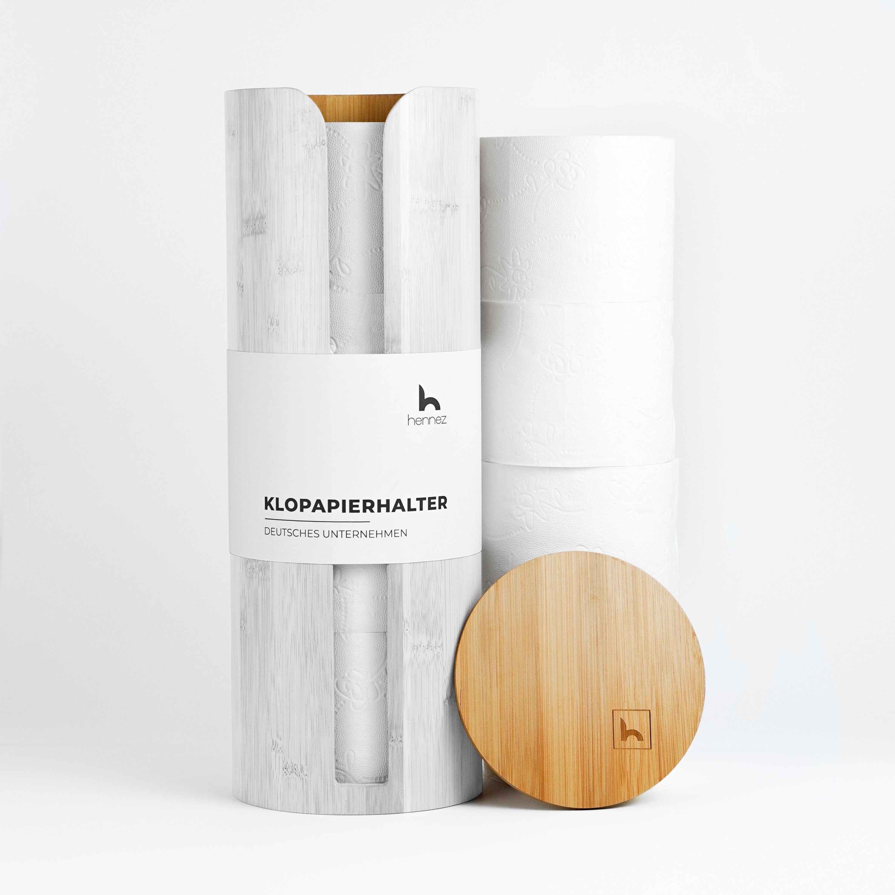 HENNEZ Toiletten-Ersatzrollenhalter Aufbewahrung Rund aus 100% Bambus mit Deckel, Klorollenaufbewahrung für 4 Rollen