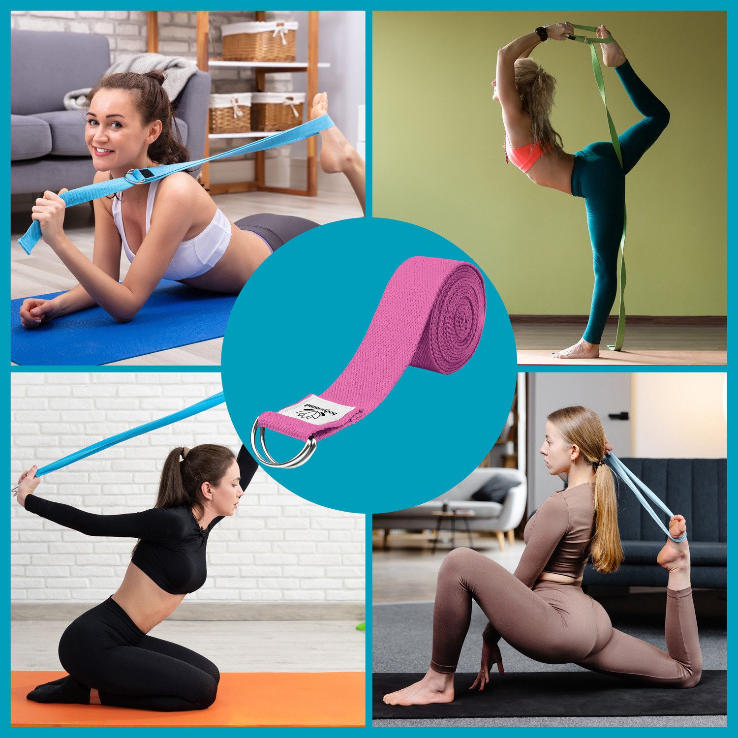 Body & Mind Yogagurt Body & Mind Yogagurt – Baumwolle Yoga Band mit D-Ring für Dehnung, Yoga-Band mit D-Ring-Verschluss