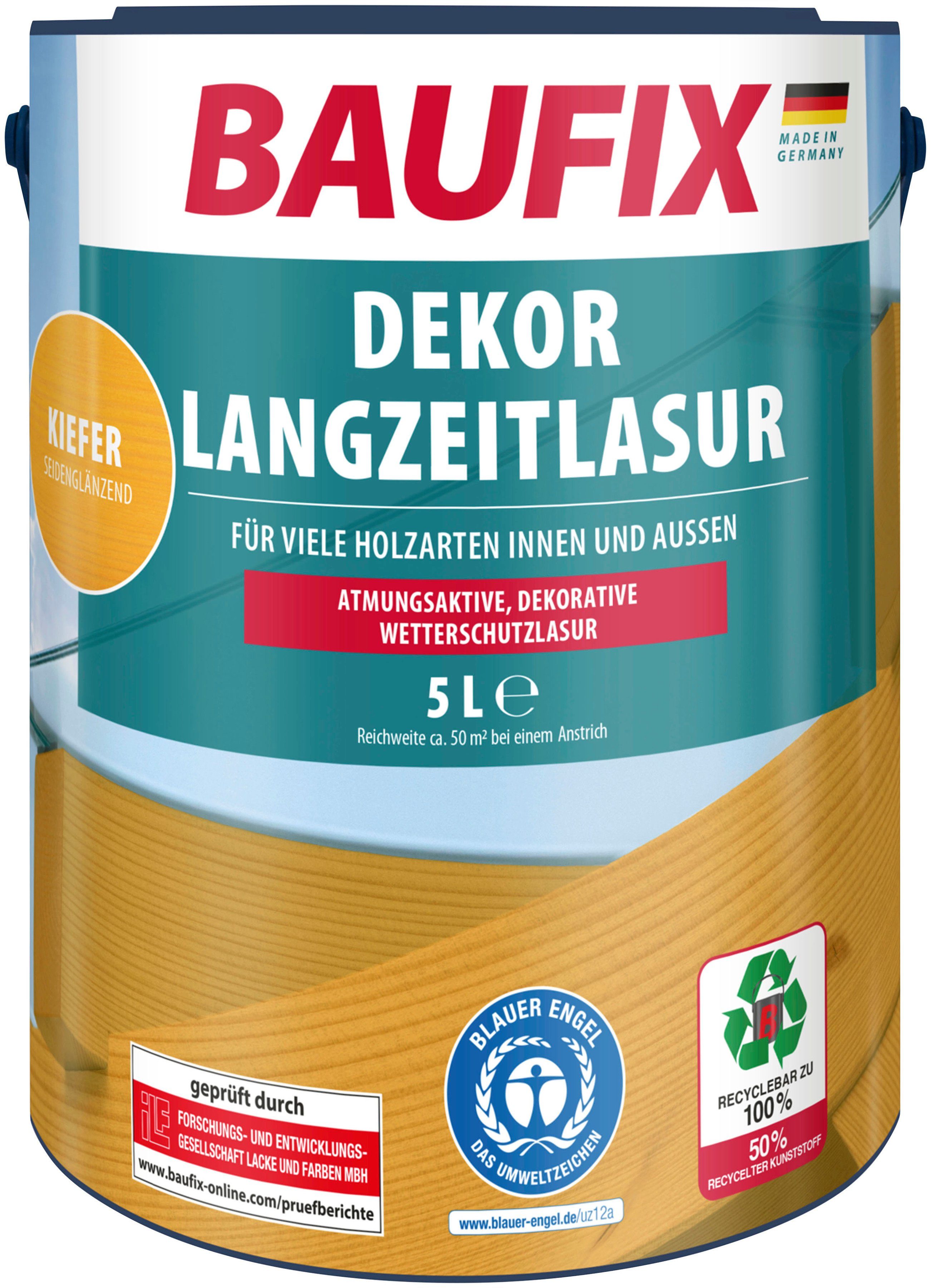 Baufix Holzschutzlasur Dekor Langzeitlasur, UV beständig, witterungsbeständig, atmungsaktiv, 5L, seidenglänzend kiefer