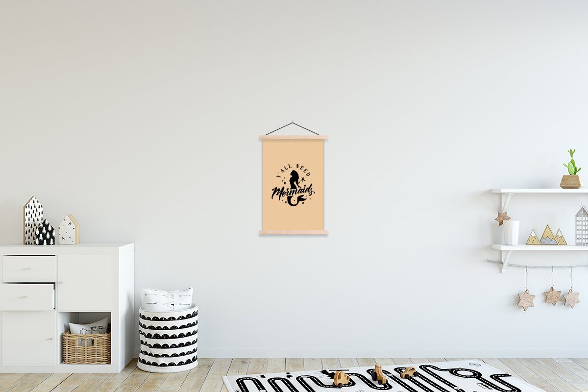 MuchoWow Poster Meerjungfrau - Zaubersprüche - Beige, (1 St), Posterleiste, Textilposter für Wohnzimmer, Bilderleiste, Magnetisch