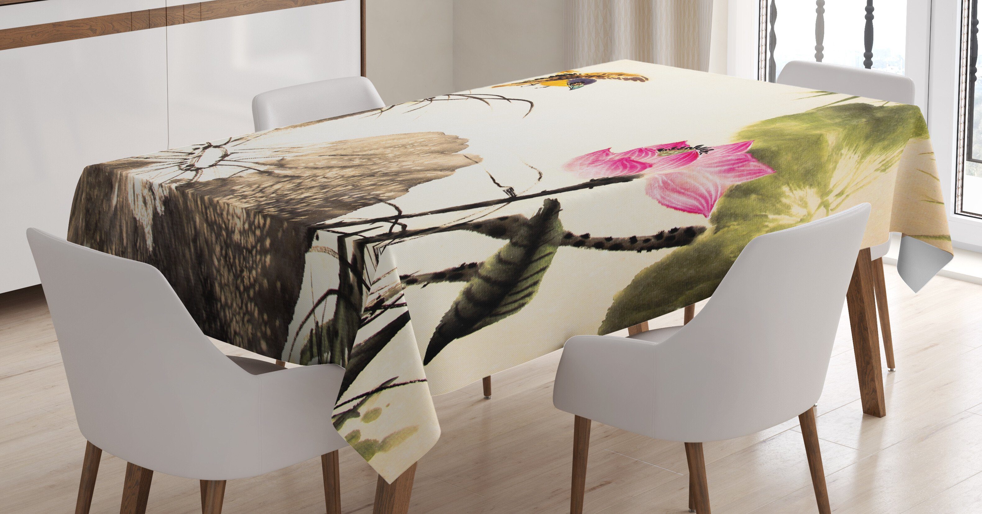 Außen Vogel-Springen Abakuhaus Tischdecke Für Bereich Klare Farben, Waschbar den in geeignet Farbfest Lotus Kunst