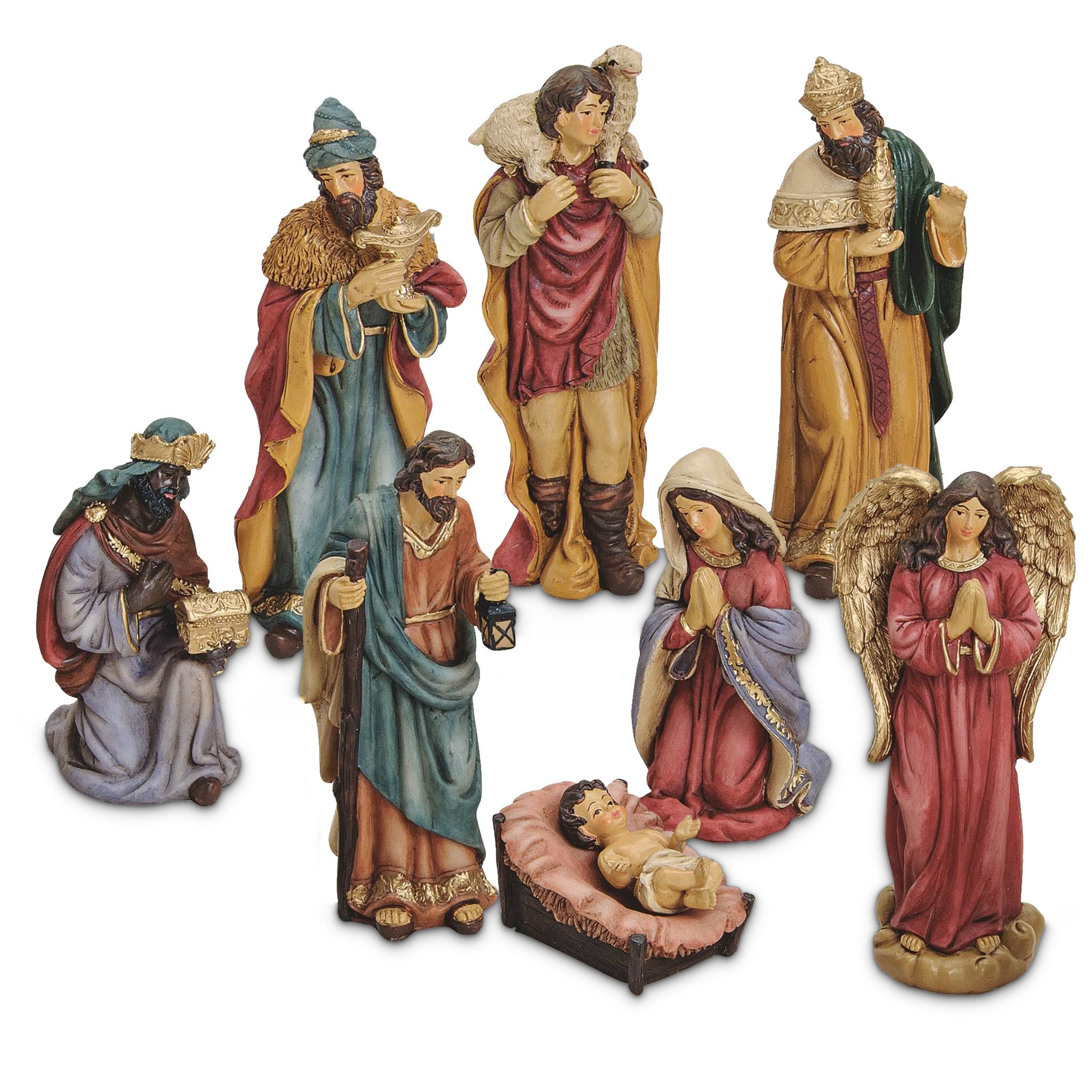 matches21 HOME & HOBBY Krippe Krippen-Figuren Set 8-tlg. in 4 - 15 cm für Weihnachtskrippen (8-tlg), Großes, handbemaltes Poly Krippenstall Figuren-Set