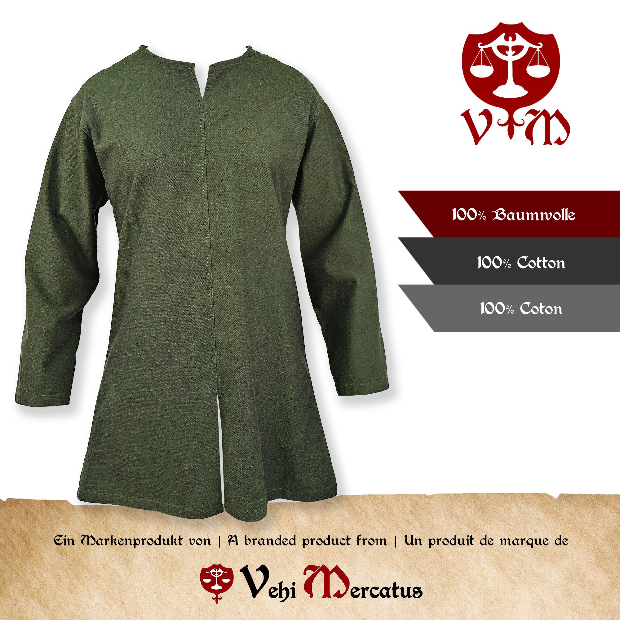 Vehi Mercatus Ritter-Kostüm Schlichte Mittelalter Tunika langarm Grün "Malte"