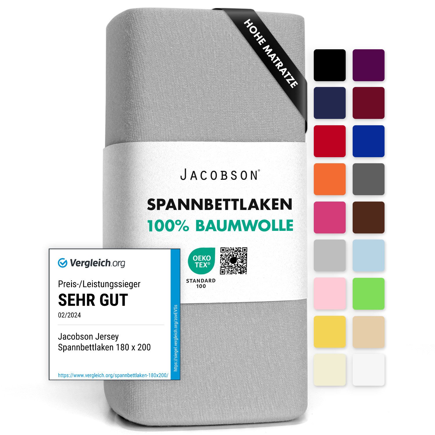 Jacobson Spannbettlaken BOXSPRING & ÜBERLÄNGE aus 100% Baumwolle, für hohe & lange Matratzen, Jersey Bettlaken 160 g/m²