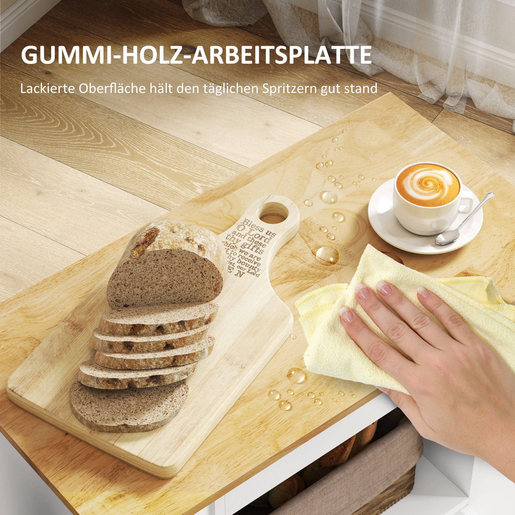 HOMCOM Küchenwagen Rollwagen mit Arbeitsplatte aus Holz, Ablagen, auf Rollen, (Rollwagen mit Soft-Close-Scharnieren, 1 St., Kücheninsel), für Büro, 83x40x83cm,  – Bild 5 von 5