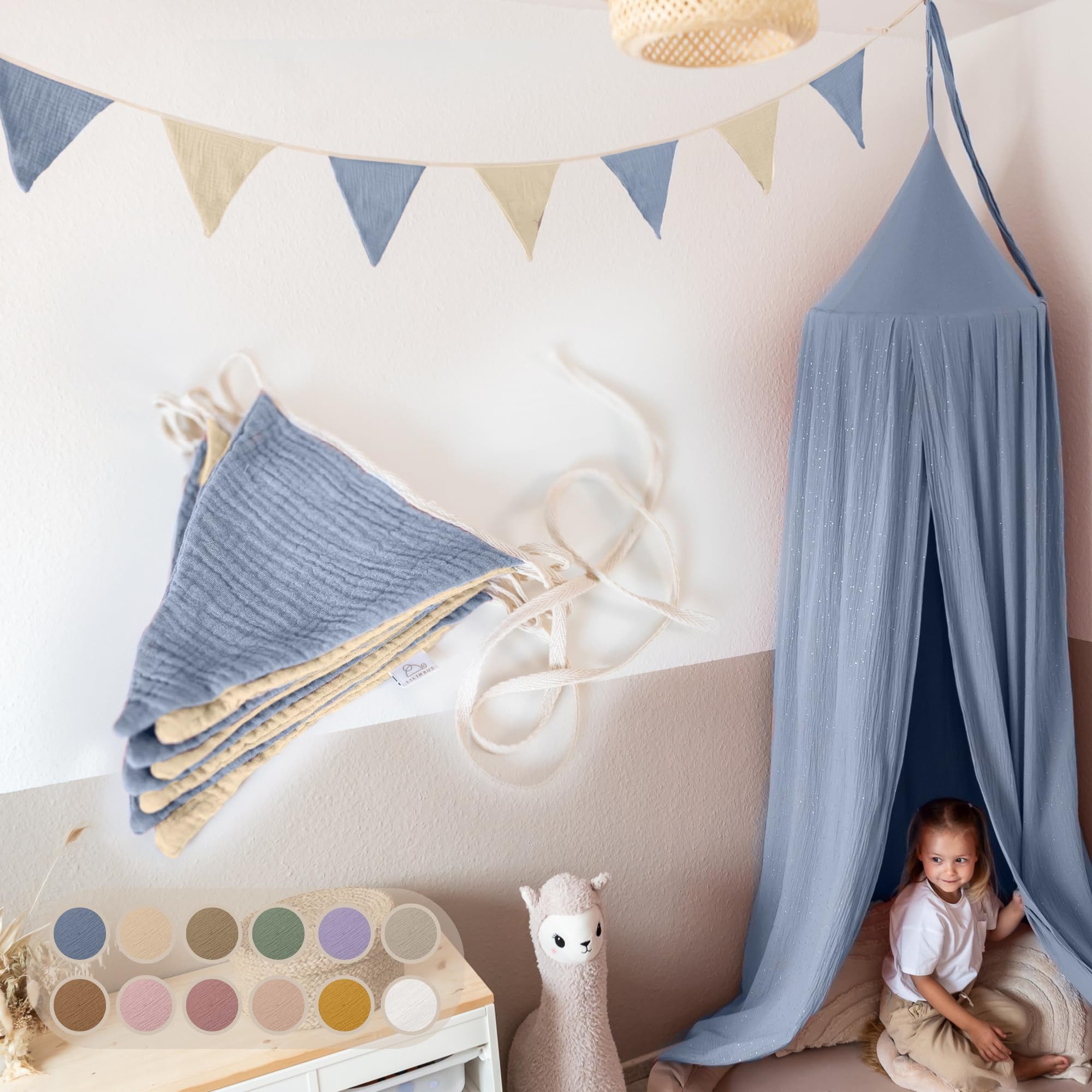 lilimaus Wimpelkette Handgemachte Wimpelkette für Kinderzimmer aus Musselin Baumwolle, Stilvolle Girlande aus Baumwolle - Perfekt für Kinderzimmer Deko