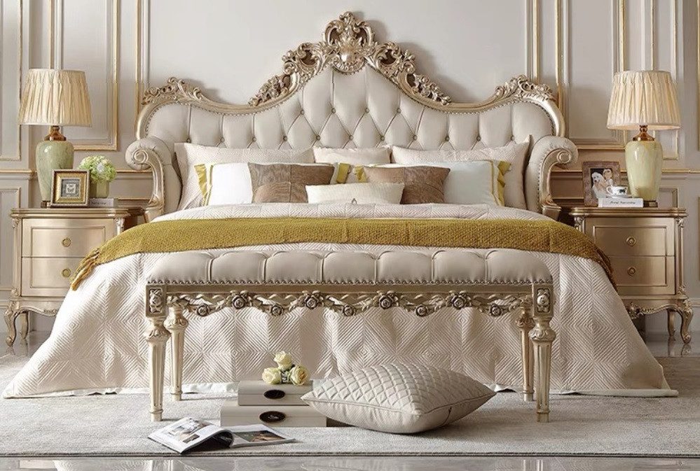 JVmoebel Polsterbett Chesterfield Massivholzbett mit Kunstlederbezug in Beige, Made in Europa
