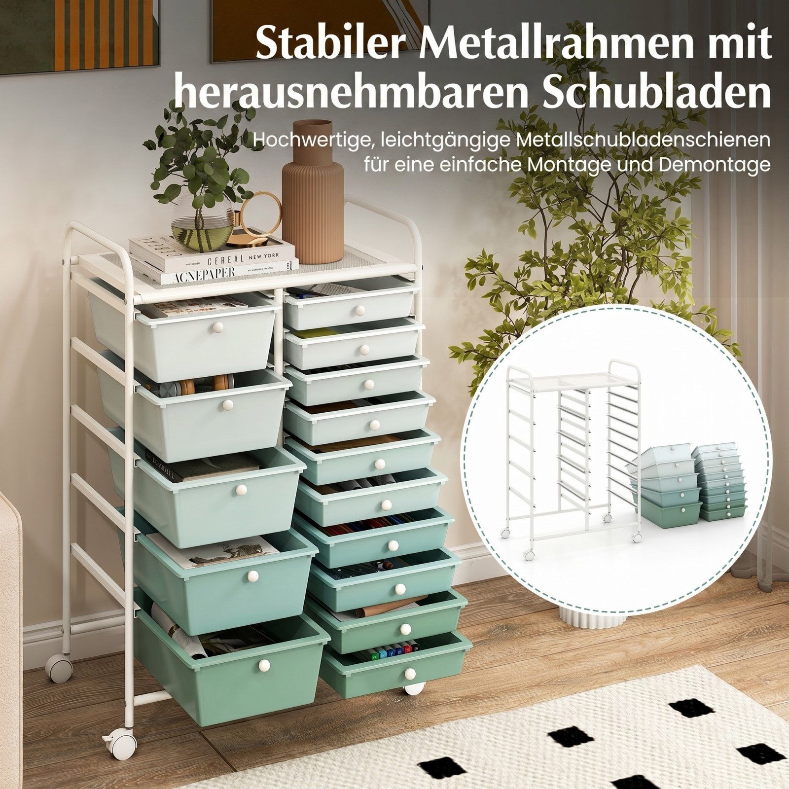 COSTWAY Rollcontainer, Bürocontainer mit 15 stapelbaren Schubladen & Rollen