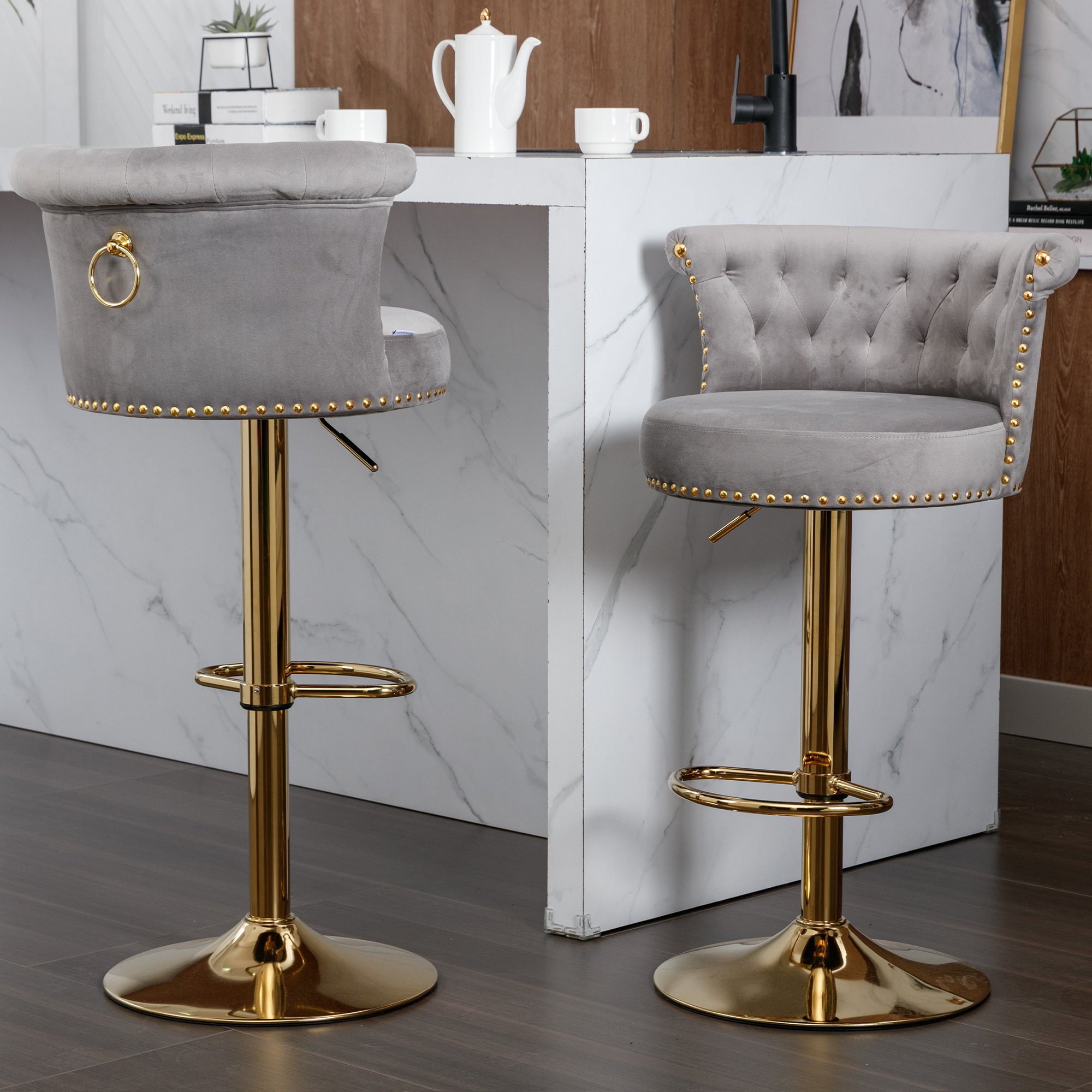 grau Fußstütze Barstühle Set Tresenhocker 2PC Küche, für (mit von 2 Schwenkbarer Esszimmer REDOM Barhocker /setzen) verstellbaren,