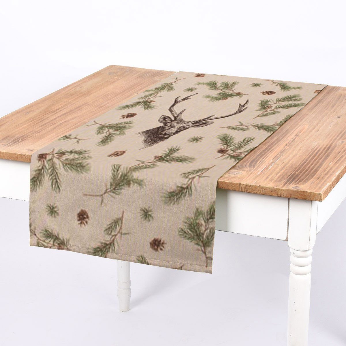 SCHÖNER LEBEN. Tischläufer SCHÖNER LEBEN. Tischläufer Deer Forest Hirsch Kiefernzweige natur gr, handmade