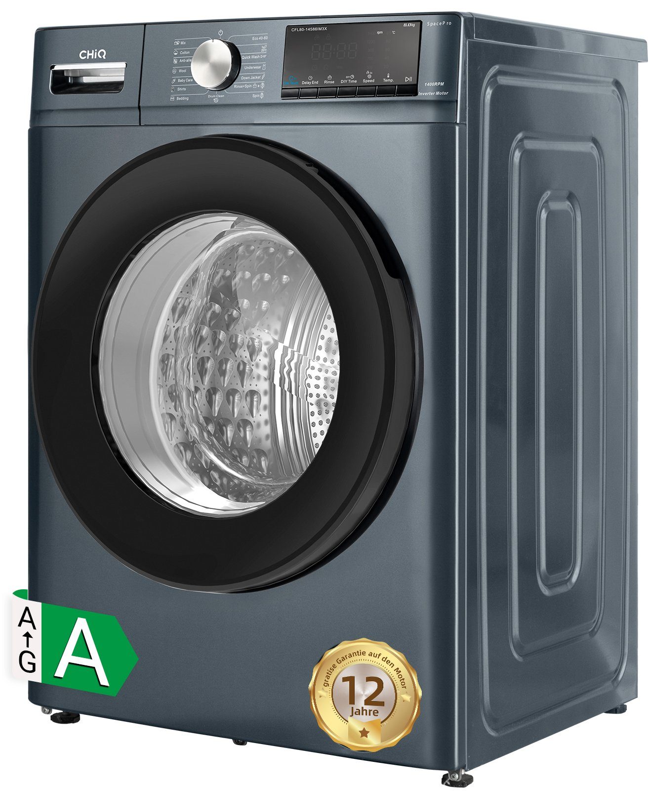 CHiQ Waschmaschine CFL80-14586IM3XA, 8 kg, 1400 U/min, Inverter-Motor, Dampfwäsche, 12 Jahre Gratis Garantie auf den Motor