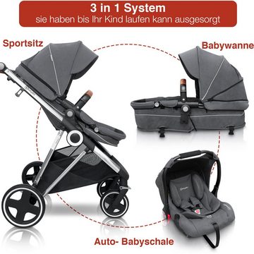 BabyGo Kombi-Kinderwagen Halime 3in1, Grey Silver, inklusive Babywanne, Babyschale, Regenhaube & Wickeltasche