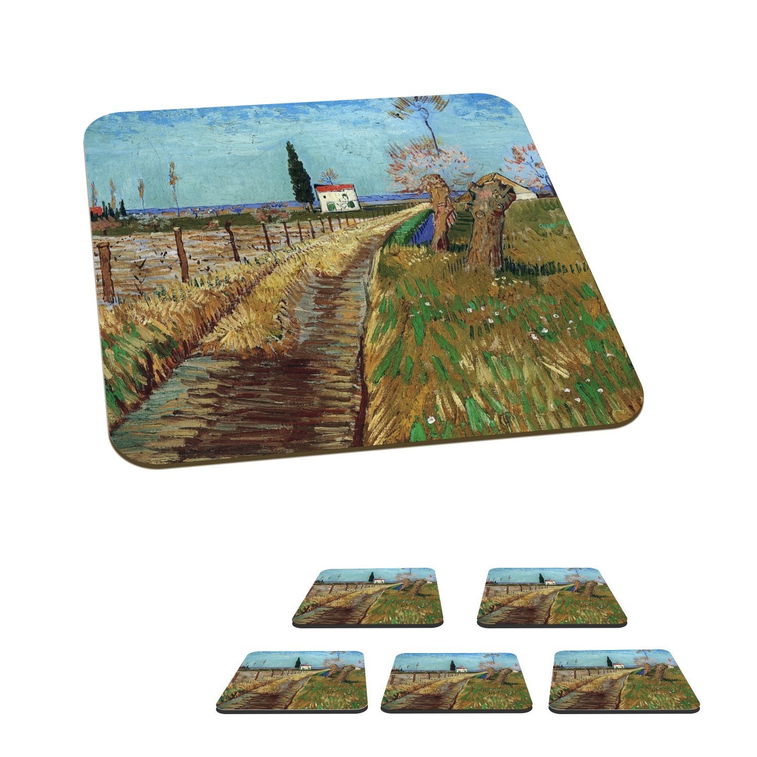 MuchoWow Glasuntersetzer Weg durch ein Weidenfeld - Vincent van Gogh, Zubehör für Gläser, 6-tlg., Glasuntersetzer, Tischuntersetzer, Korkuntersetzer, Untersetzer, Tasse