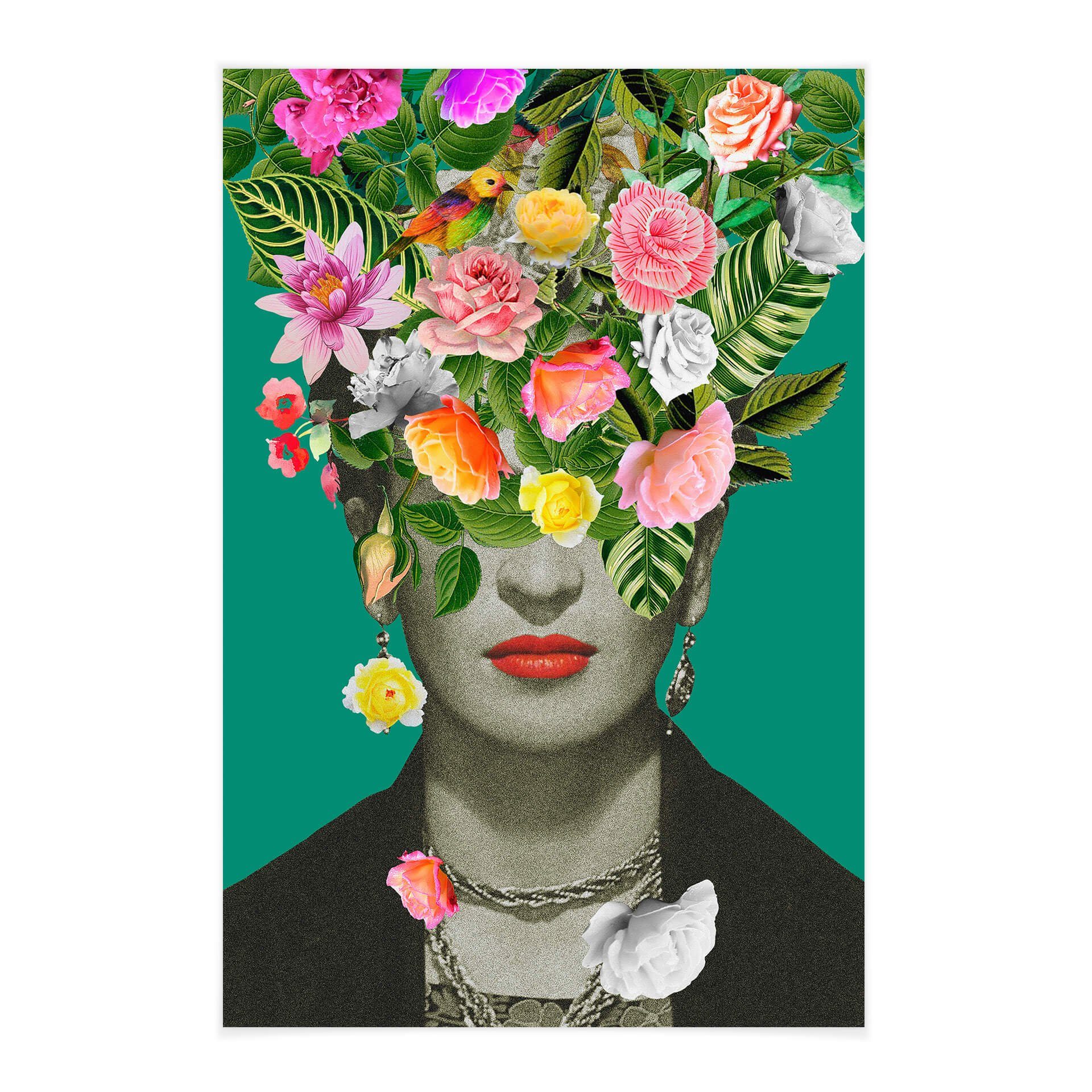 Leinwandbild Frida Wall Vintage Portrait, Stoffbild Floral Retro Blumen Zubehör Art K&L Studio Banner Poster ohne Ikone