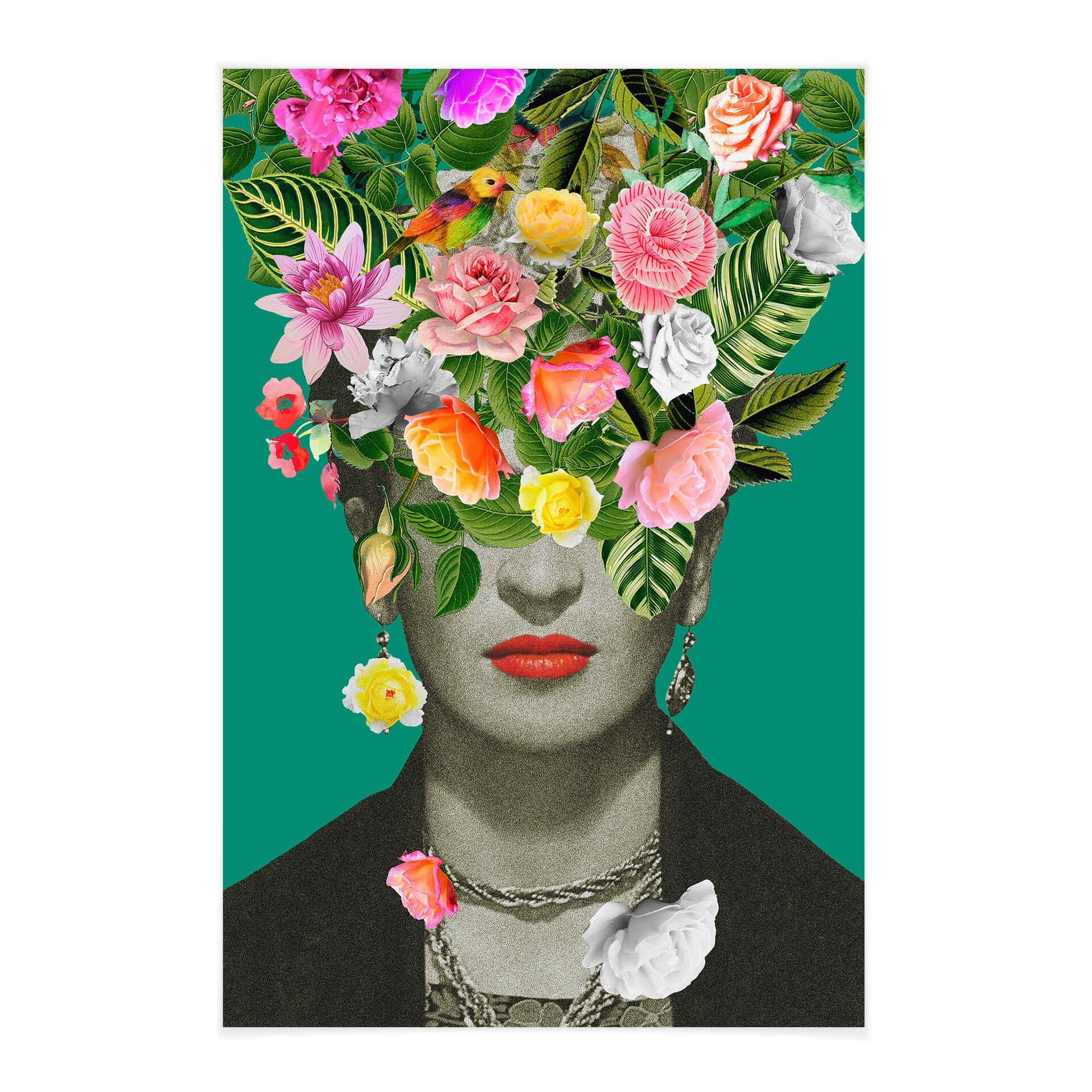 K&L Wall Art Leinwandbild Vintage Stoffbild Poster Frida Floral Studio Blumen Portrait, Retro Ikone Banner ohne Zubehör