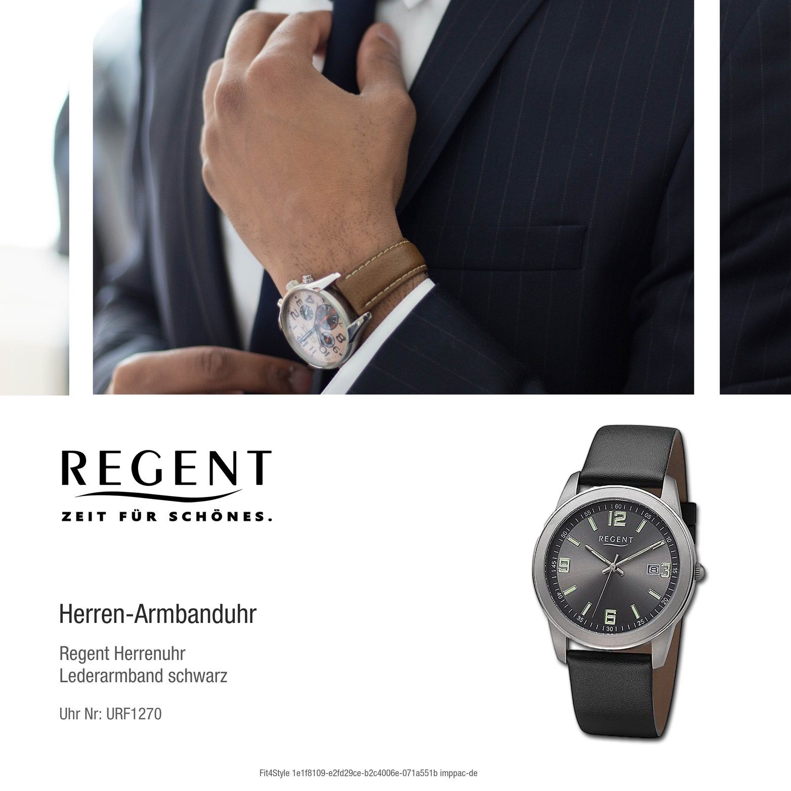 Regent Quarzuhr Regent Armbanduhr Herrenuhr rundes Herren Lederarmband groß Gehäuse, 38mm) extra Analog, (ca. schwarz