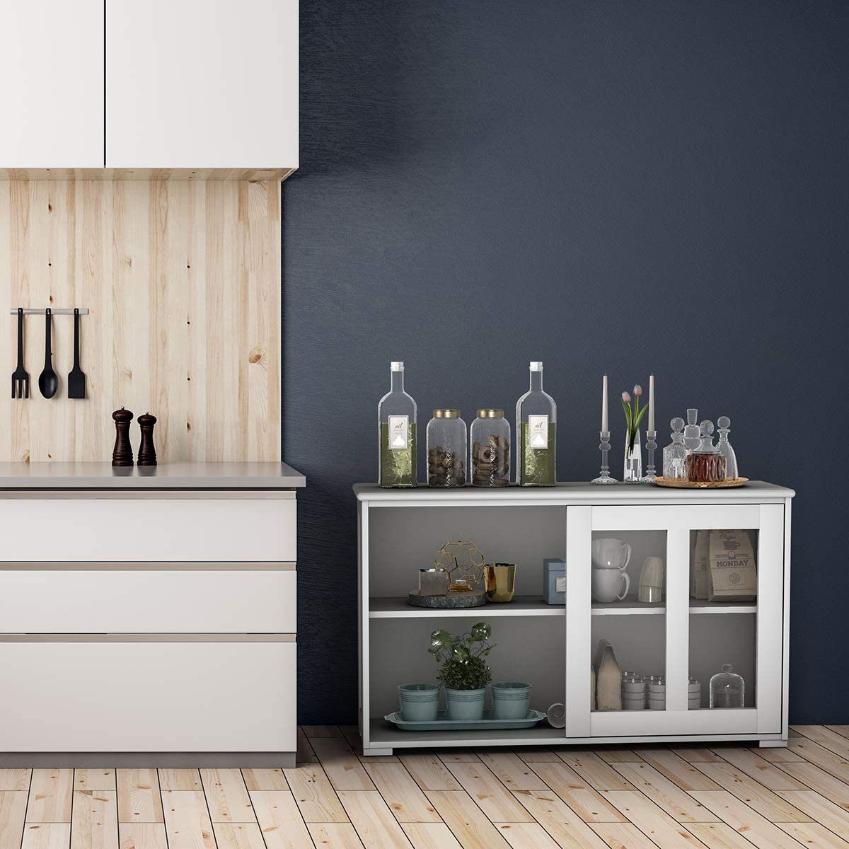 COSTWAY Sideboard, mit höhenverstellbarer Ablage,mit Glas Schiebetüren günstig online kaufen