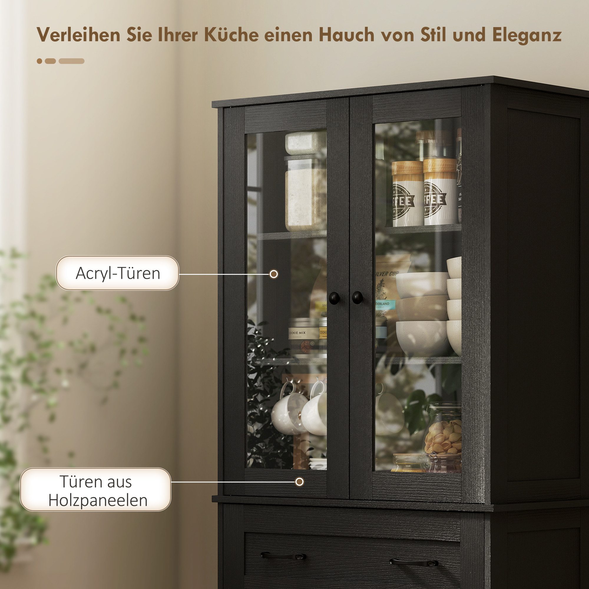 HOMCOM Hochschrank Küchenschrank Buffetschrank mit 2 Schränken, Acrylglastüren (Vitrinenschrank, 1-St., Hochschrank) für Küche, Esszimmer, Schwarz – Bild 4 von 5