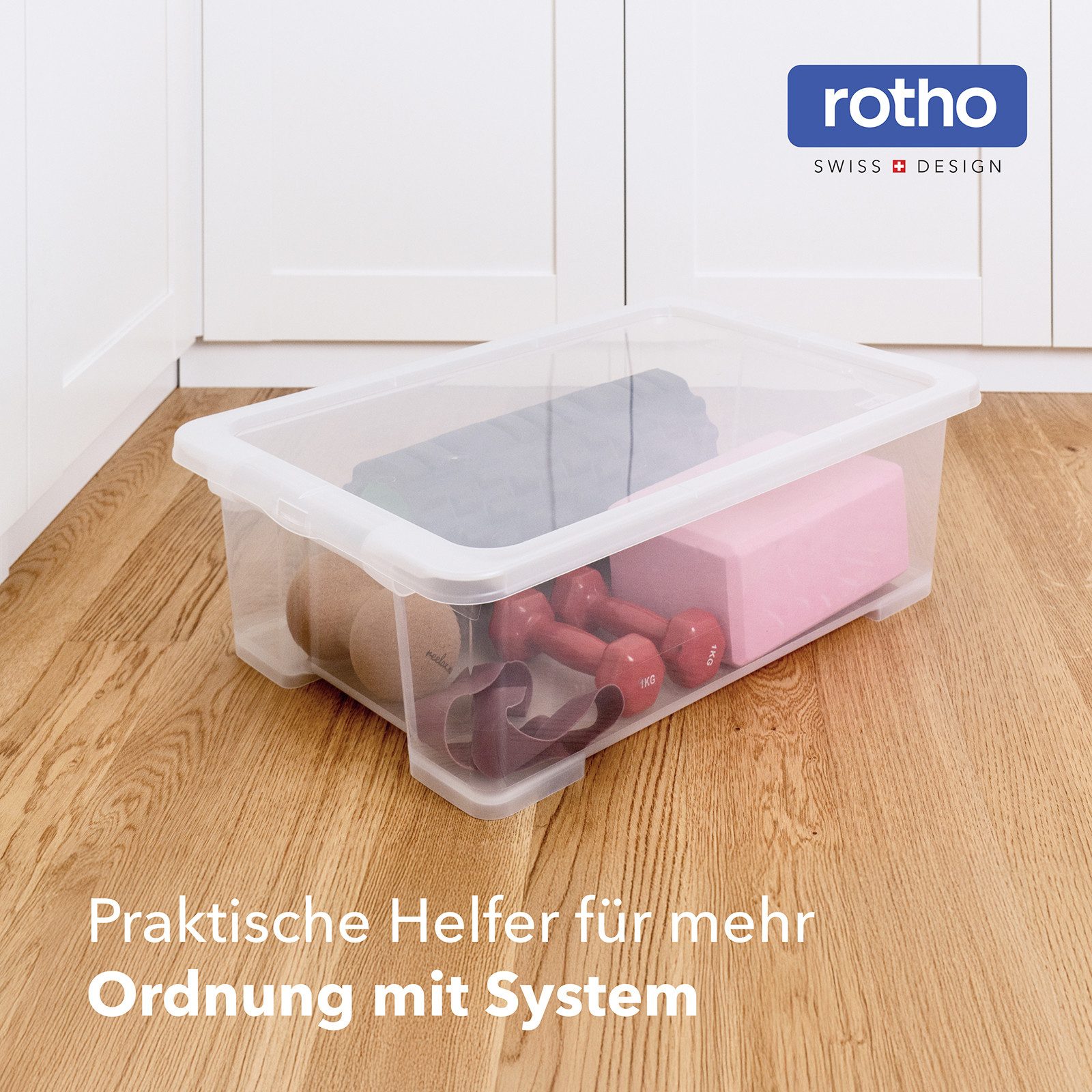 ROTHO Aufbewahrungsbox 4er-Set CORE BASIC 30L stapelbar transparente Box mit Deckel (Sichtboxen-Set, 4er-Set), Ordnungsbox ideal für Kleidung, Bücher und Haushaltsartikel