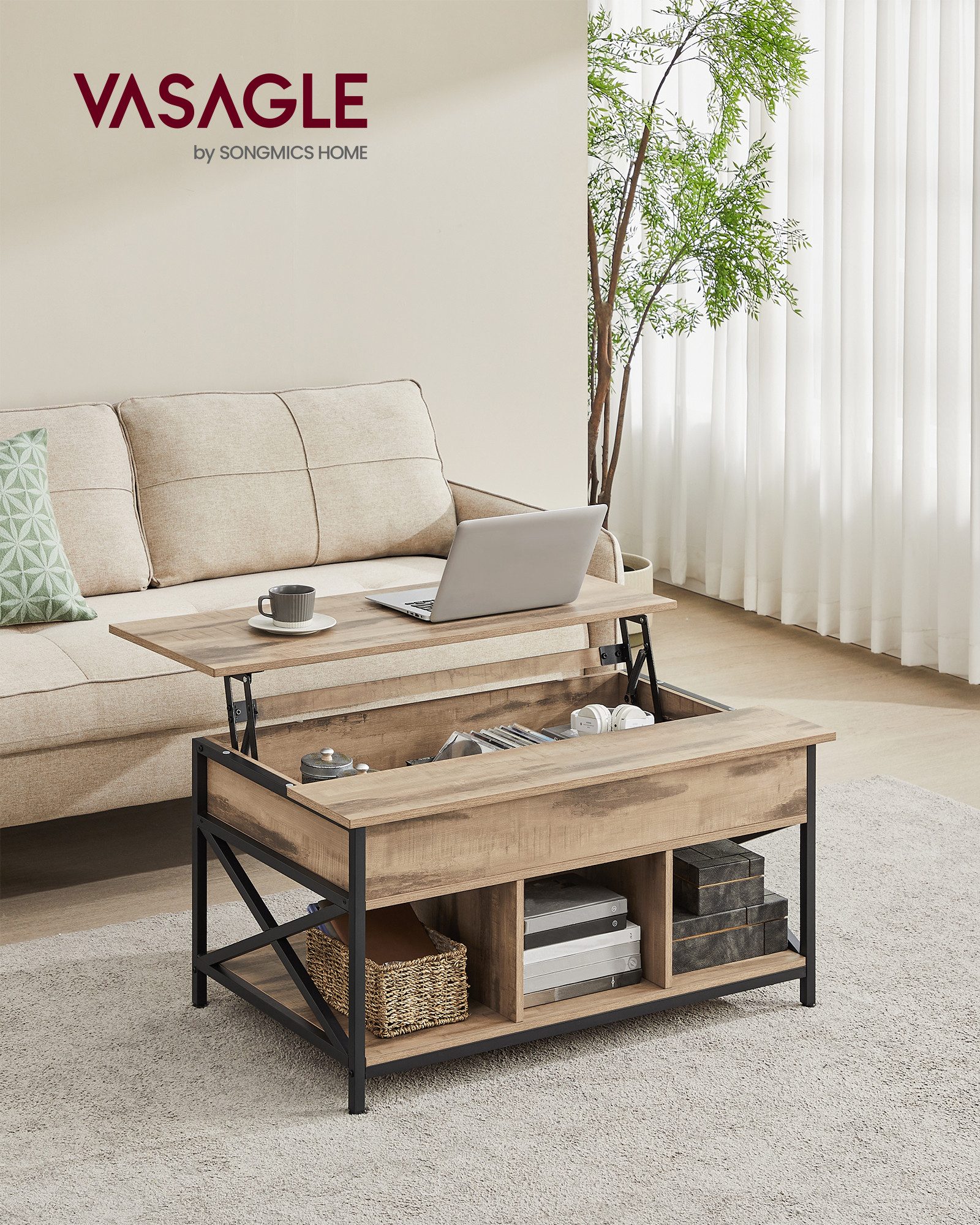 VASAGLE Couchtisch Wohnzimmertisch, offener und versteckter Stauraum, X-Streben (inkl. Zubehörpaket & Anleitung) aufklappbar), höhenverstellbar, versteckter Stauraum, 60 x 100/120 x (48-62) cm