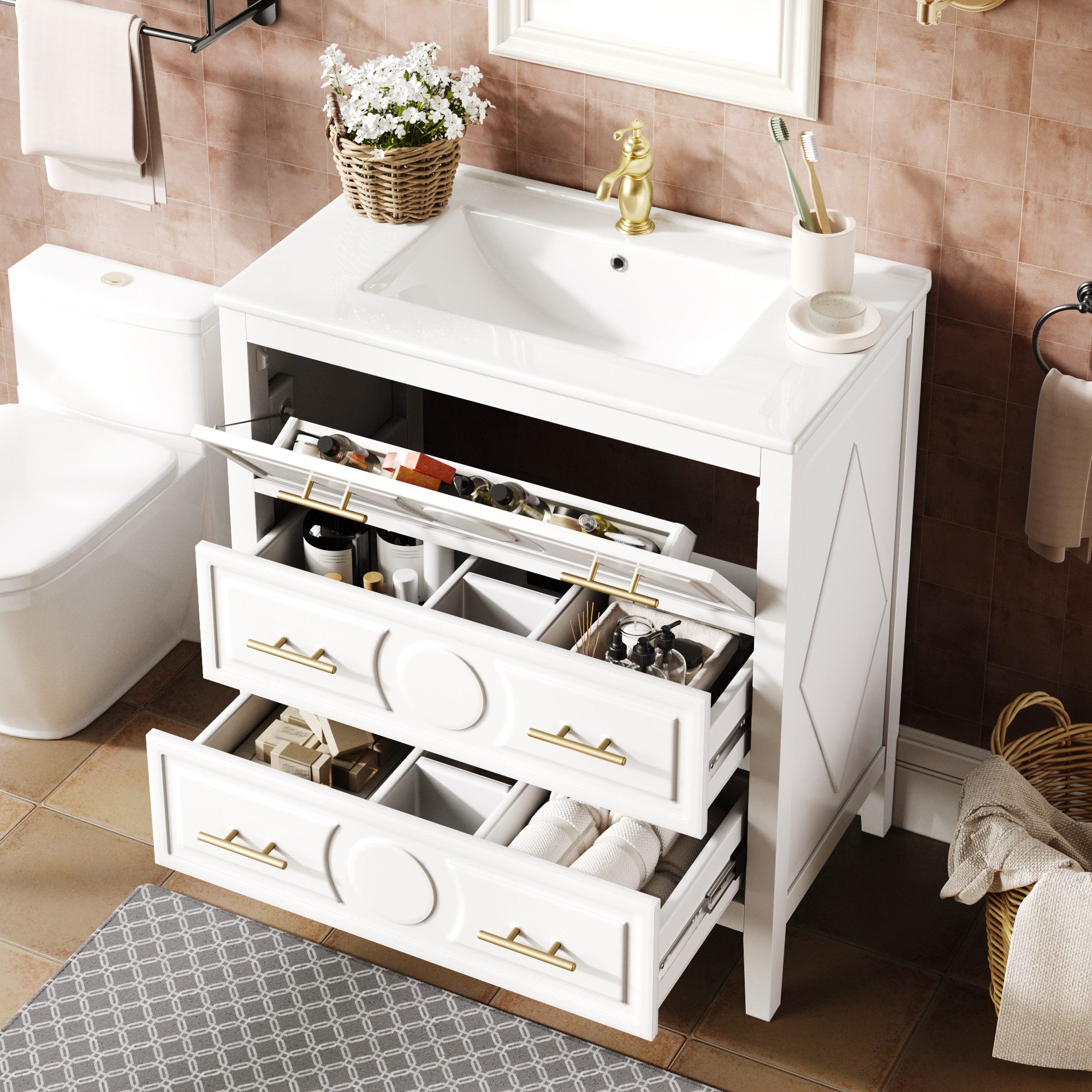 Flieks Waschtisch Badezimmerschrank mit 1 Klappen, 2 Schubladen und goldener Metallgriff (B81/T46,5/H86,5 cm, 1-St., bodenstehend Badschrank Waschplatz), Waschbeckenunterschrank mit Keramikwaschbecken Badmöbel-Set Weiß