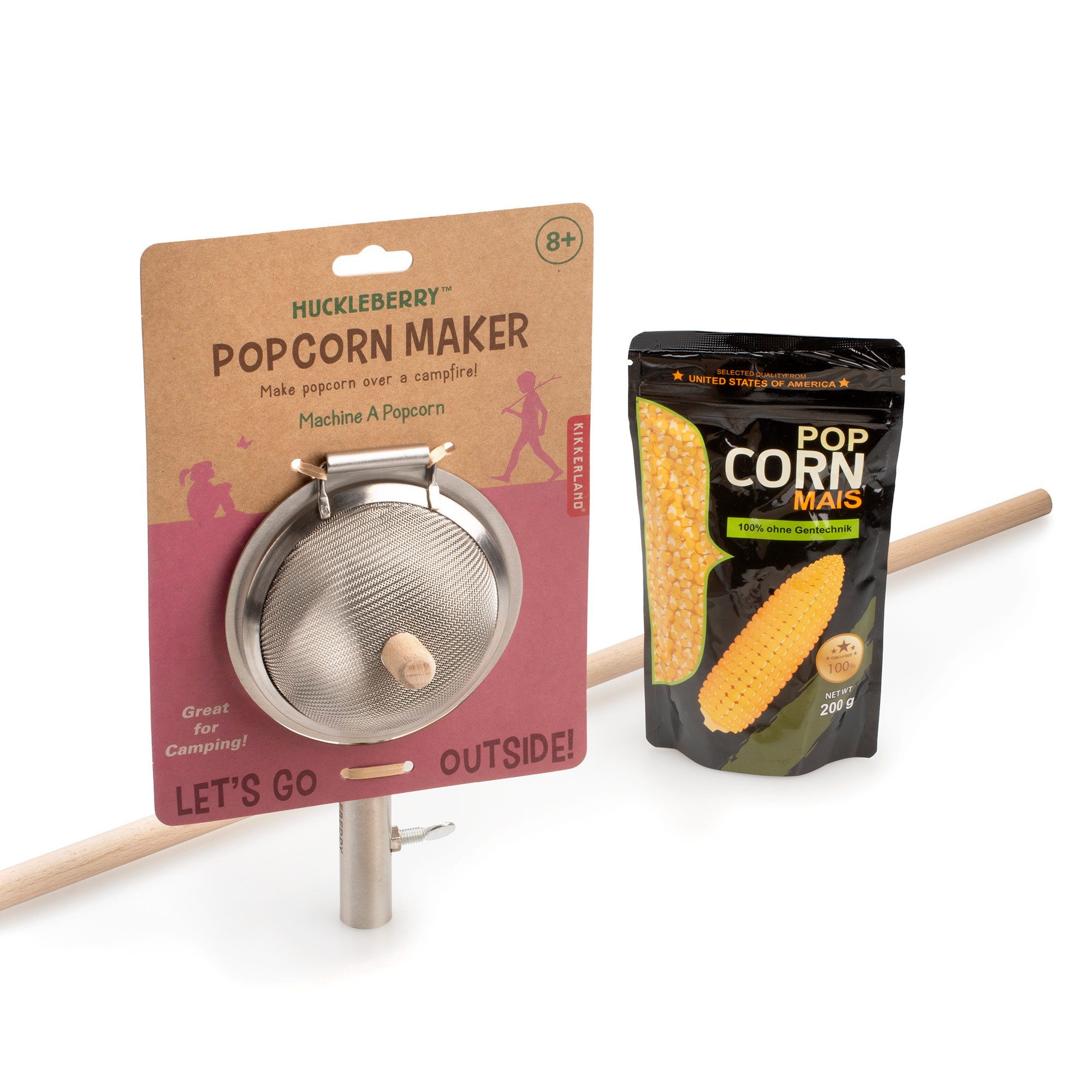 naturling Popcorn-Pfanne Huckleberry Popcorn Maker Set mit Holzstab & Hopser Popcornmais, Edelstahl (3-tlg)
