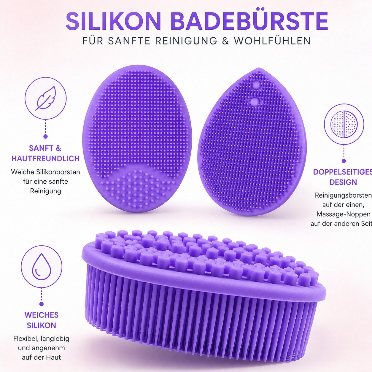 Forrlite Badebürste Silikon Duschbürste Körperbürste, weicher Silikon Body Scrubber, für Erwachsene und Kinder, Körperschrubber Rückenbürste Handreinigungsbürste, sanftes Peeling, Massage & Schaumbildung für Dusche und Bad
