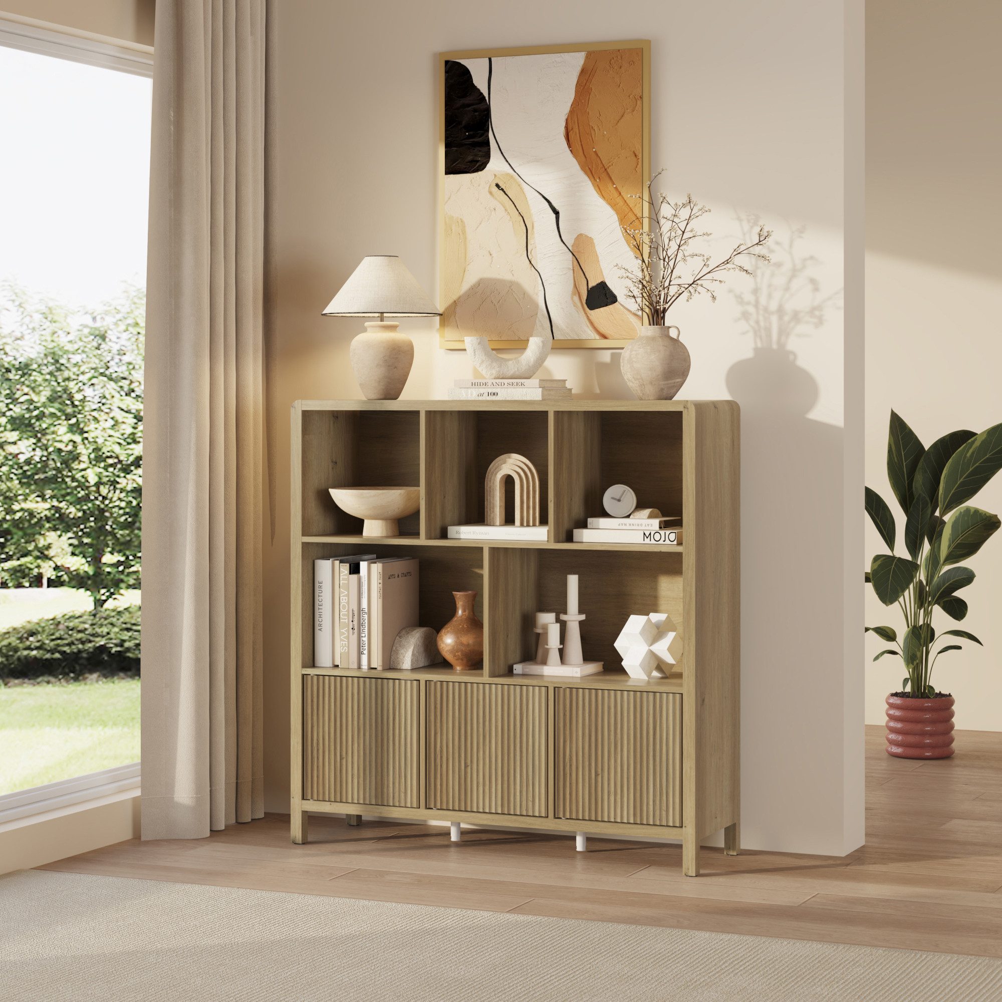 en.casa Highboard, »Lukkodso« mit 3 Türen, 8 Fächern 102x98x30 cm Eicheoptik, mittelhell