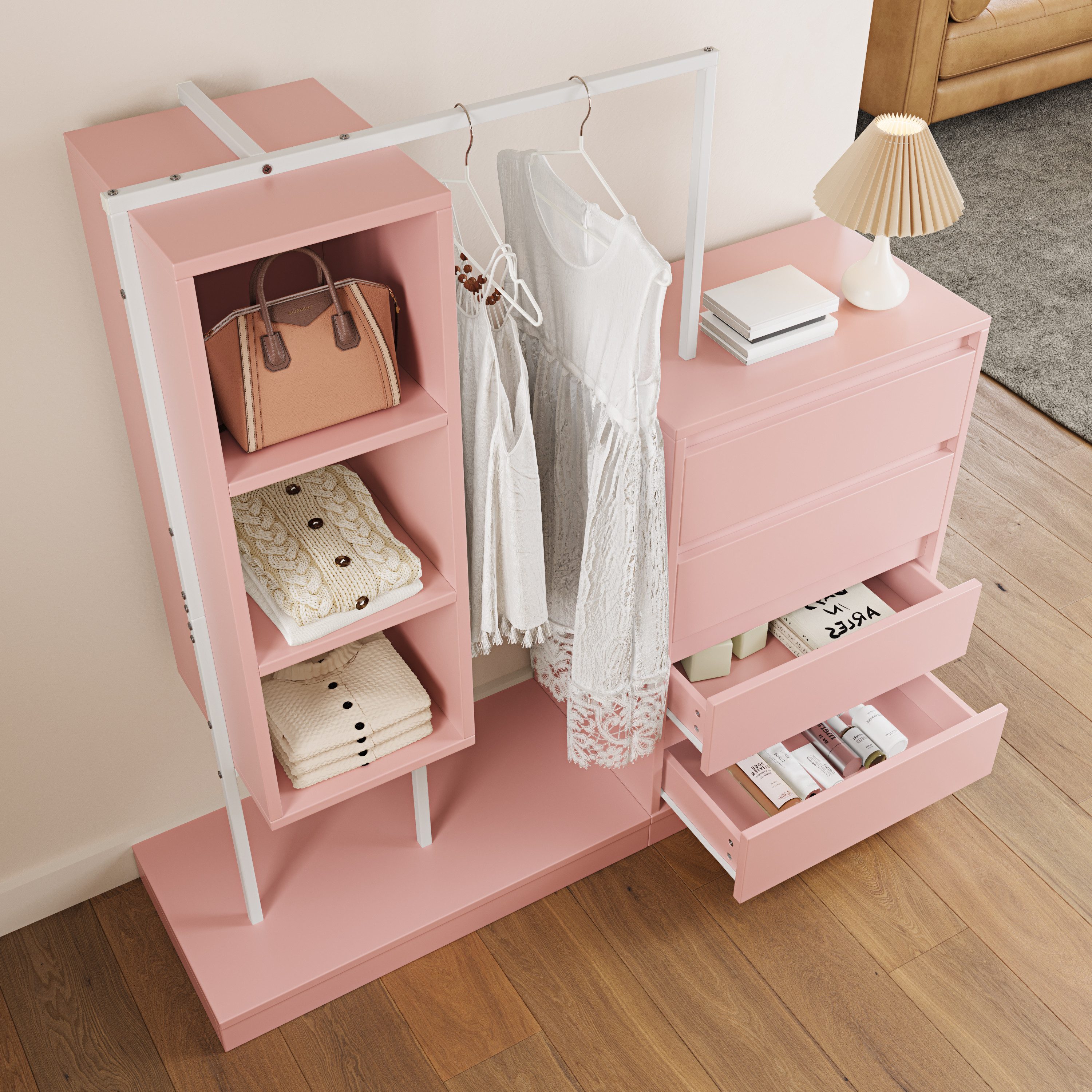 OKWISH Garderoben-Set Kleiderschrank,Sideboard, (Rosa Kleiderschrank-Set mit Schubladen & Kleiderstange – Flexibler Stauraum, stabiler Metallrahmen., 1-St., B14 – Bild 3 von 5