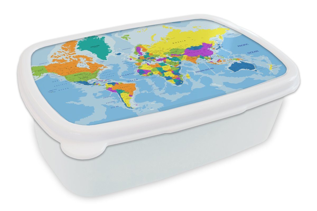MuchoWow Lunchbox Weltkarte - Farben - Buchstaben - Kinder - Jungen - Mädchen, Kunststoff, (2-tlg), Brotbox für Kinder und Erwachsene, Brotdose, für Jungs und Mädchen weiß