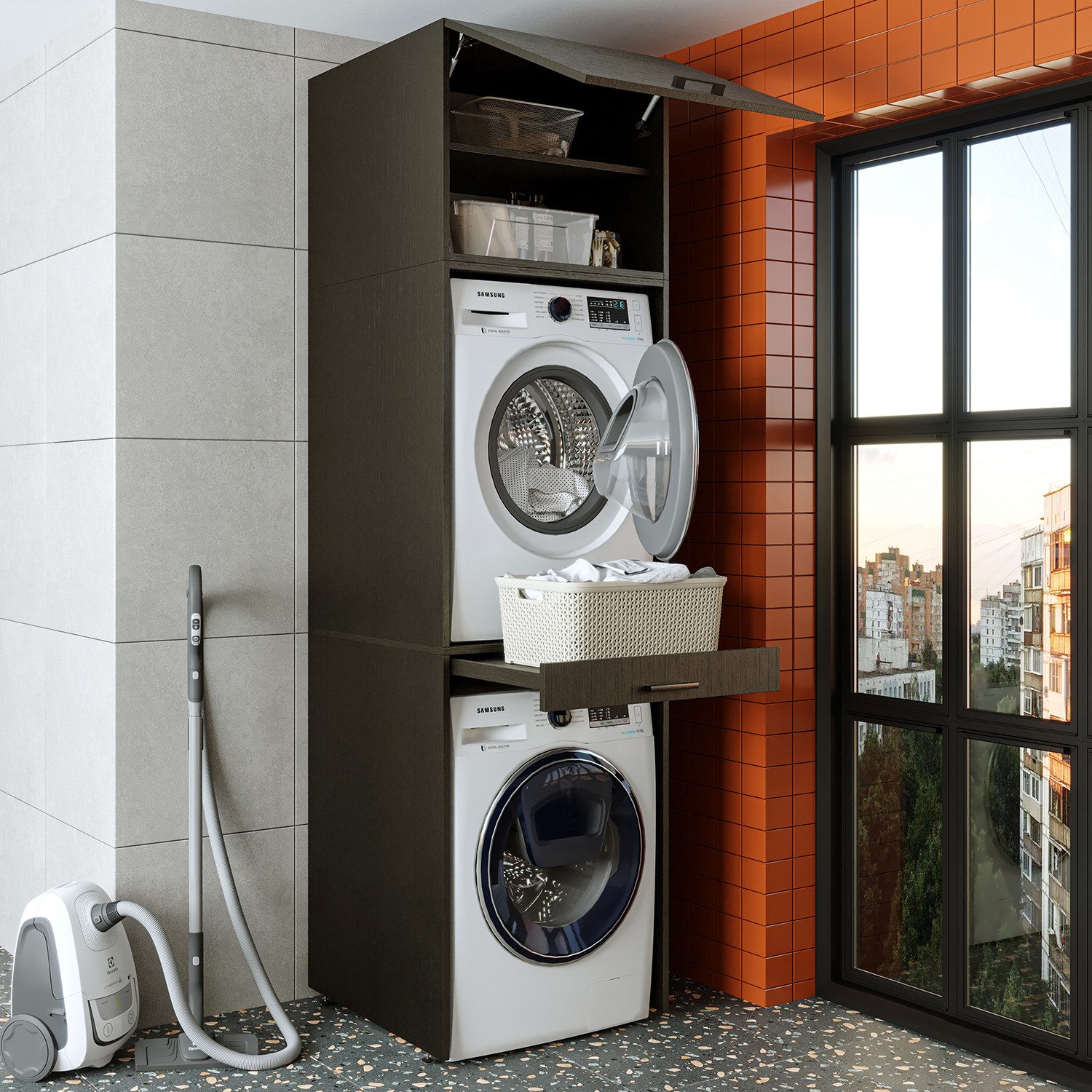 Roomart Waschmaschinenumbauschrank Waschplatz für Waschmaschine & Trockner mit Ausziehbrett & Hochschrank (Waschmaschinenschrank für Trockner und Waschmaschine Überbauschrank)
