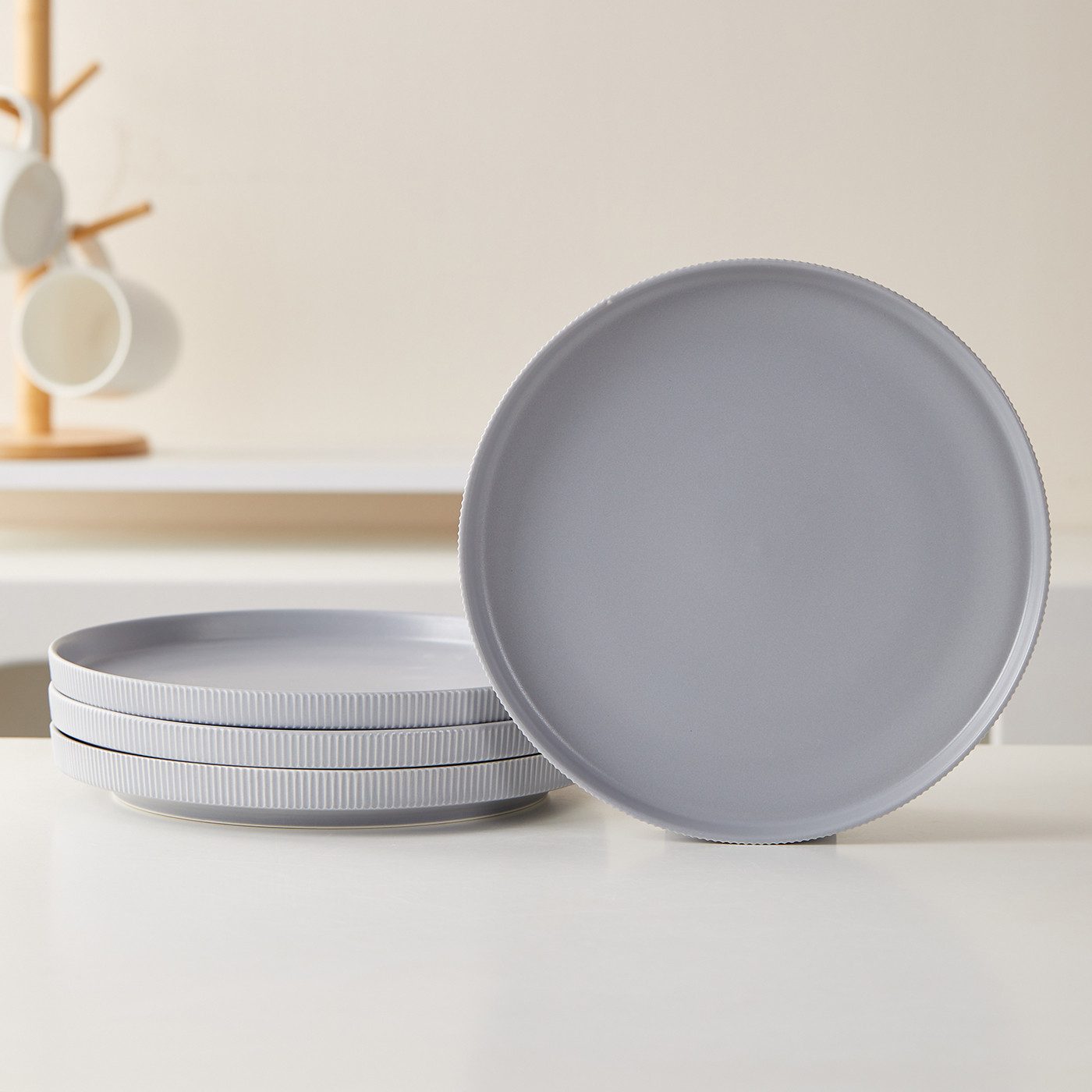 JIWOO Teller 4er Ø27,7cm, Speiseteller Steakteller Dessertteller Brotteller Plate, (4 St), Keramik Hochwertiges Tellerset Grau Mikrowellen spülmaschinenfest