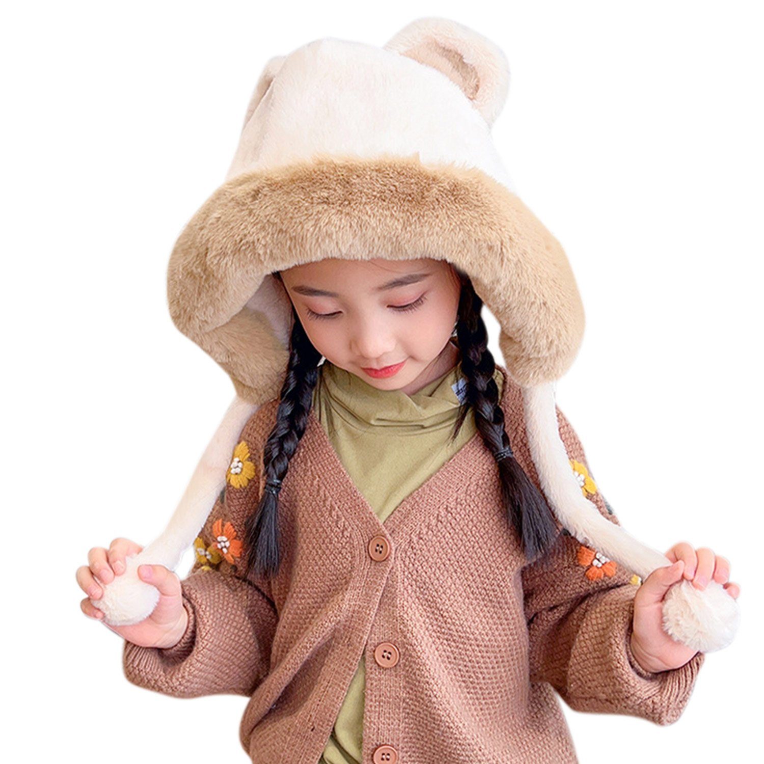 MAGICSHE Fleecemütze und Handschuhe 2 in 1 Bär Kindermütze khaki
