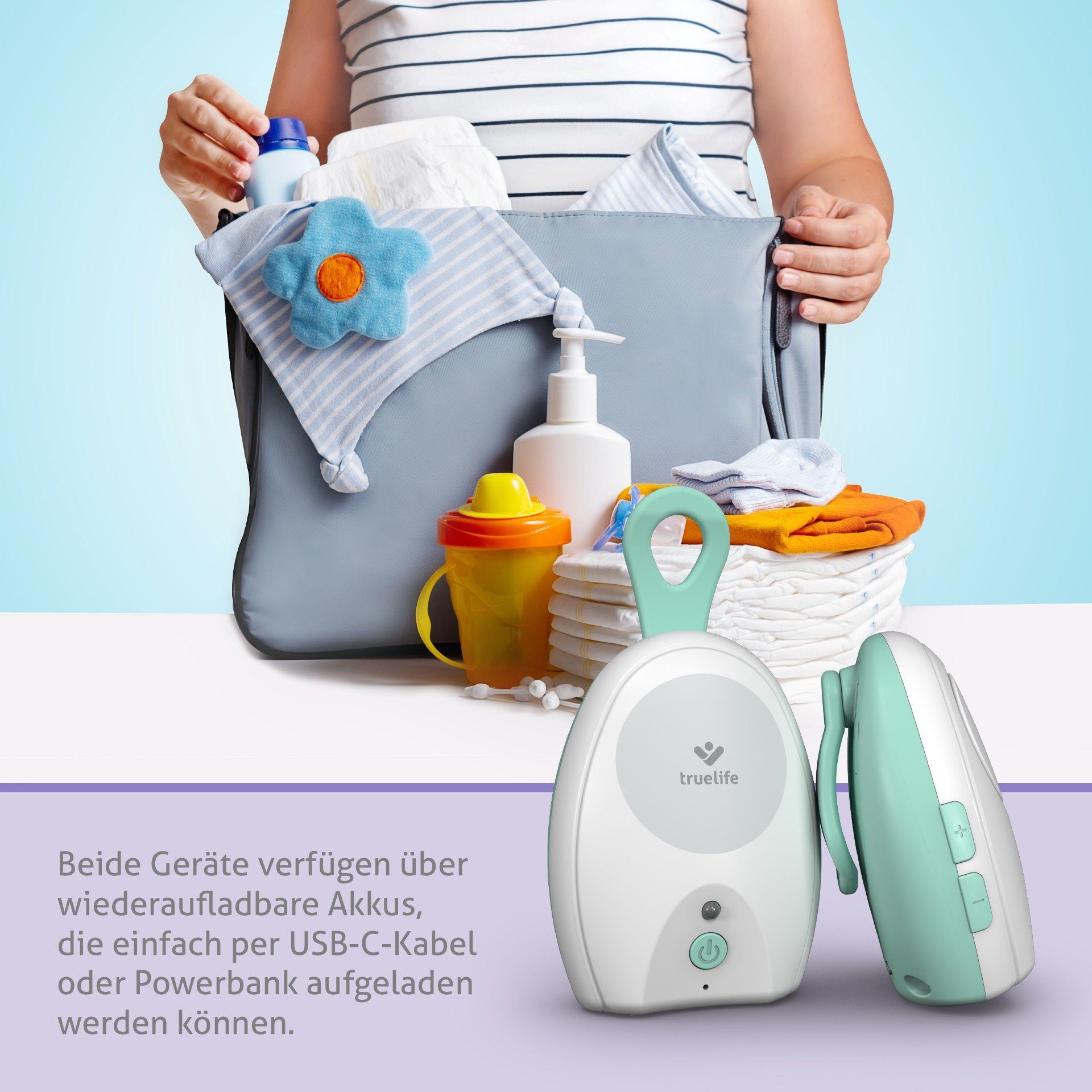 TrueLife Babyphone VM Pocket, Reichweite bis zu 700 Meter, wiederaufladbare Einheiten, Packung Set, 2-tlg., Elterneinheit, Babyeinheit, Erkennung schwacher Batterie, Signalverlusterkennung