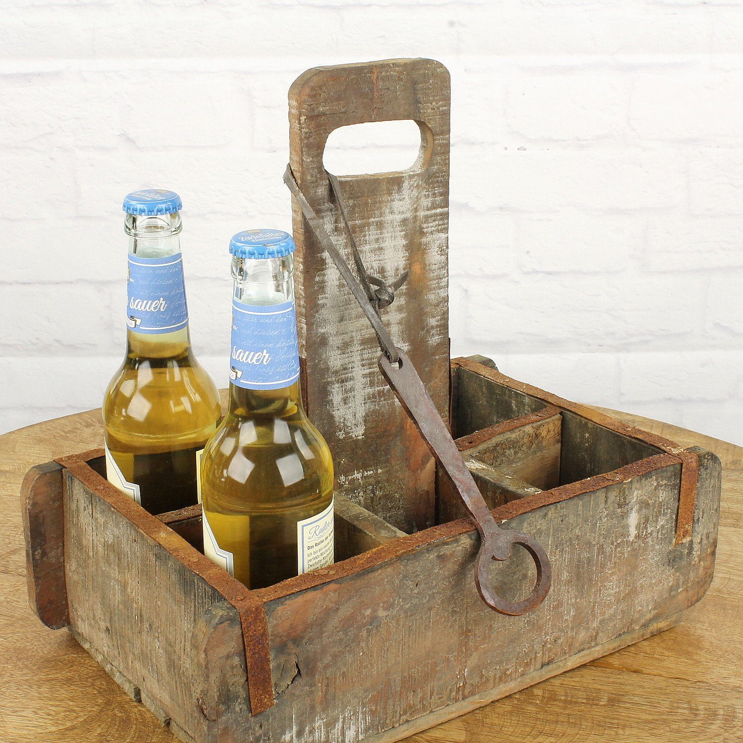 Macosa Home Flaschenträger Holz shabby Bierträger 6 Flaschen antik Metall Tischdekoration Flaschenkorb für mit Flaschenöffner Männerhandtasche