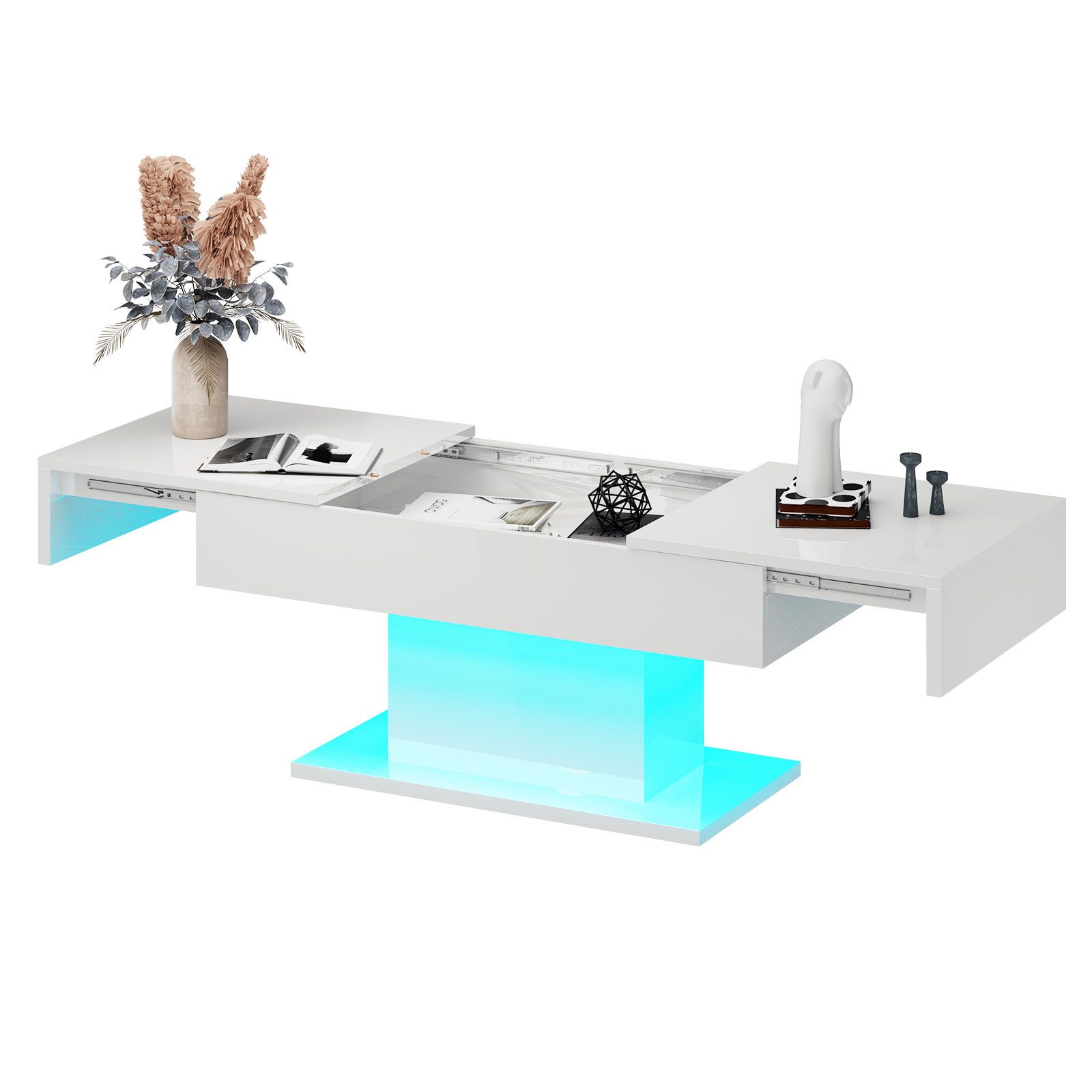 radelldar Couchtisch Hochglanz ausziehbar, 108-175x53x49cm (1-St), Wohnzimmertisch mit Stauraum für Sofa, LED-Beleuchtung