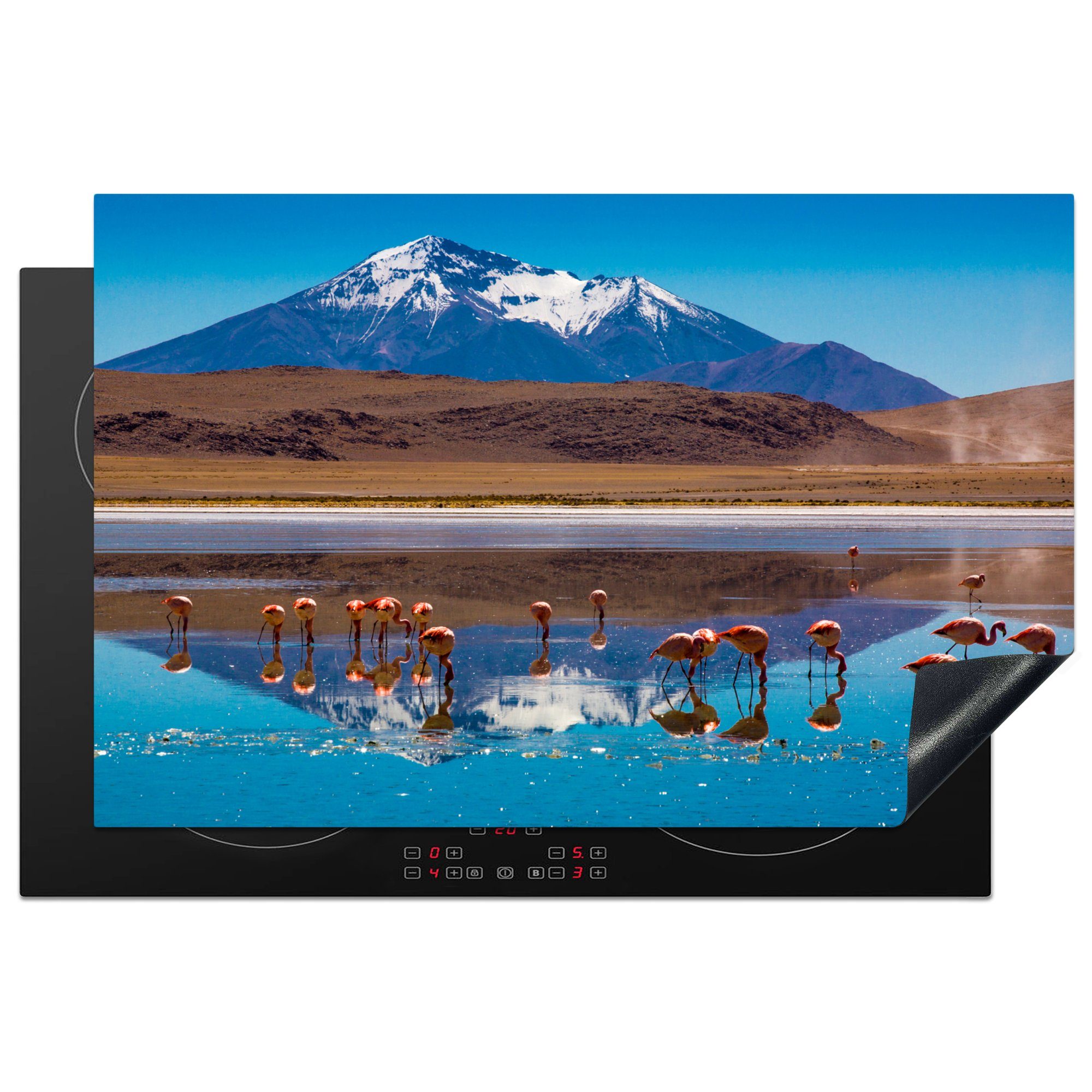 MuchoWow Herdblende-/Abdeckplatte Rosa Flamingos im Wasser in der Salar de Uyuni-Ebene, Vinyl, (1 tlg), 81x52 cm, Induktionskochfeld Schutz für die küche, Ceranfeldabdeckung