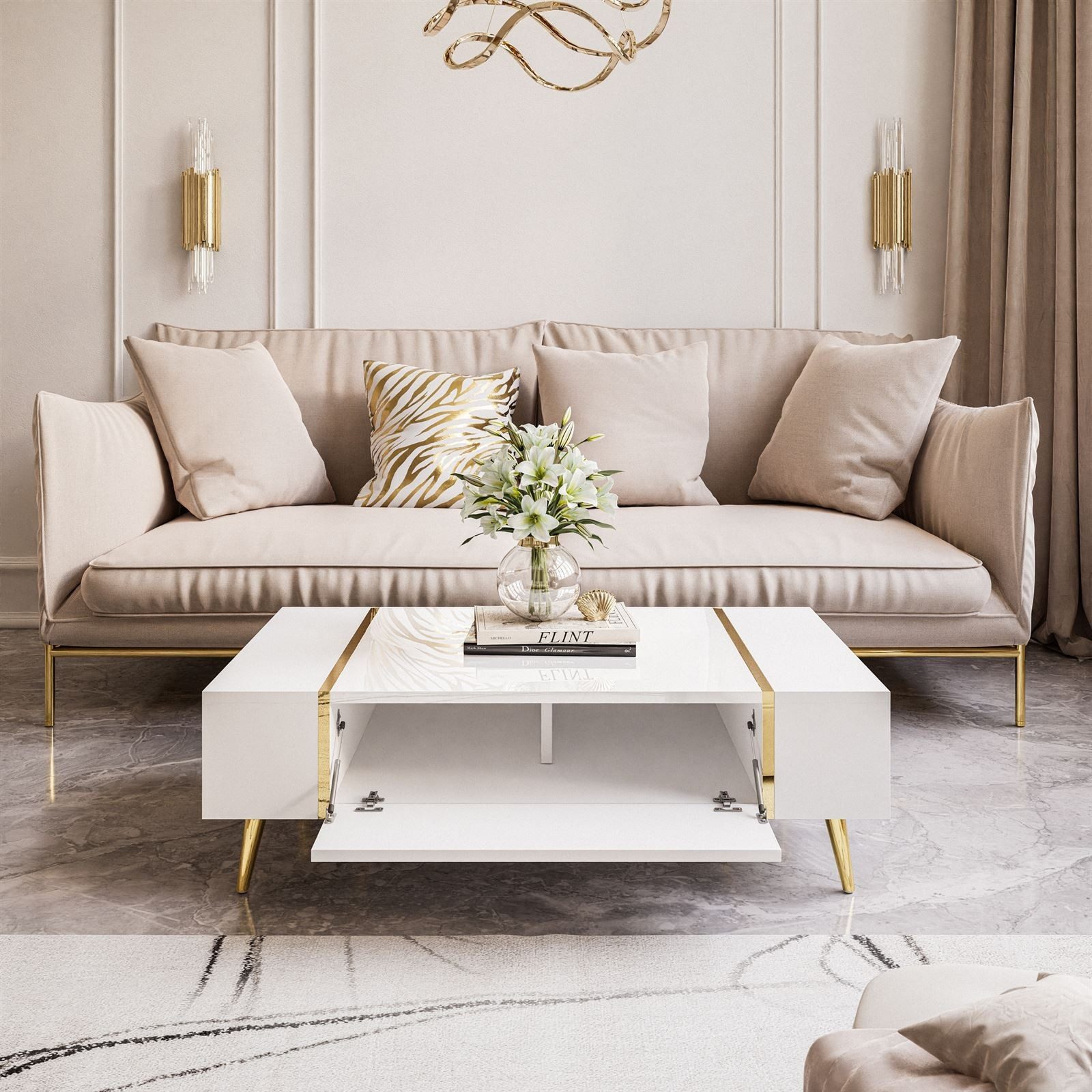 ALLHOUSE24 Couchtisch DIAMANT GOLD Sofatisch Hochglanz, Stauraum, goldene Beine, in 3 Farben (1x Couchtisch), Breite 104 cm