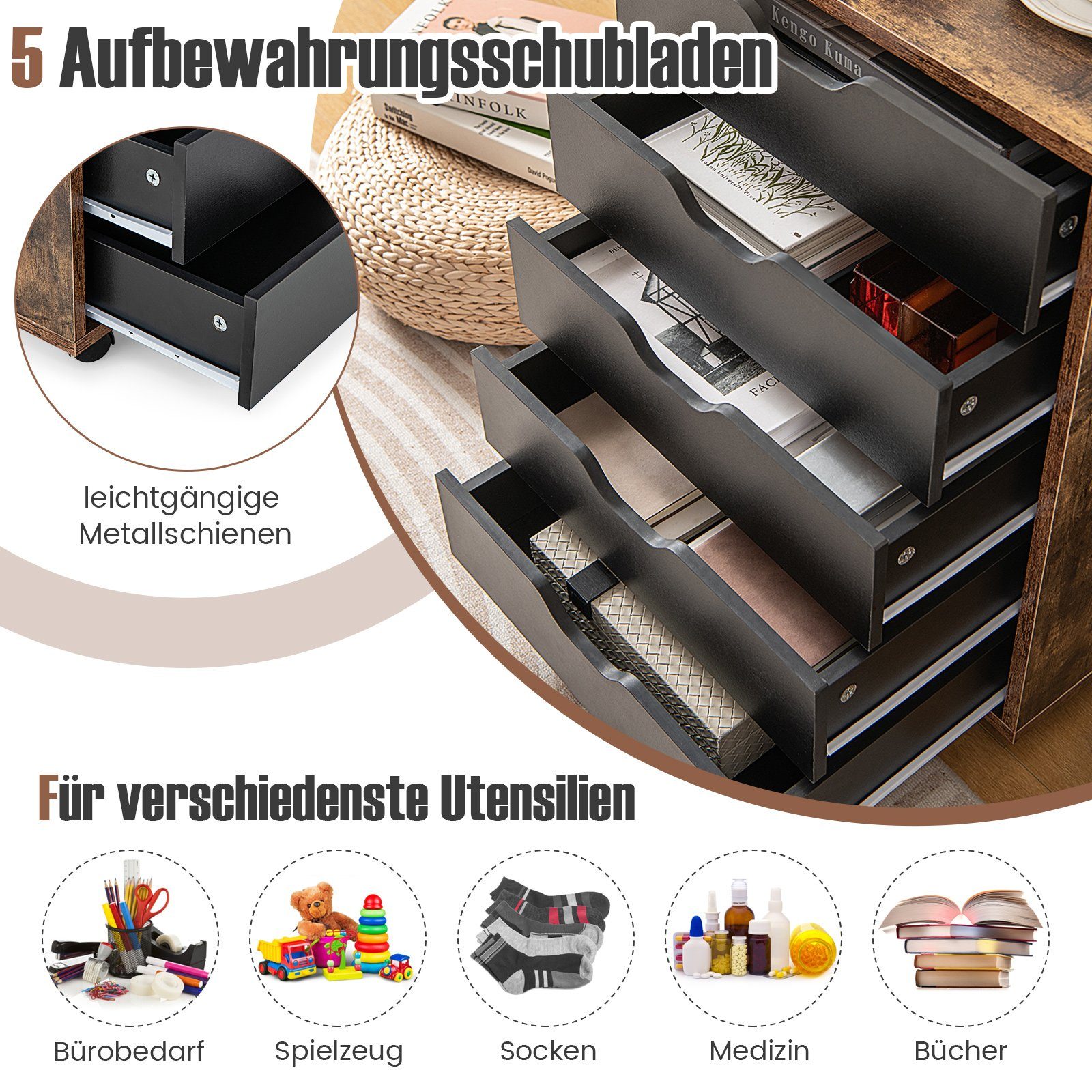 COSTWAY Rollcontainer, mit 5 Schubladen und Rädern, Holz, 48x39,5x65,5cm