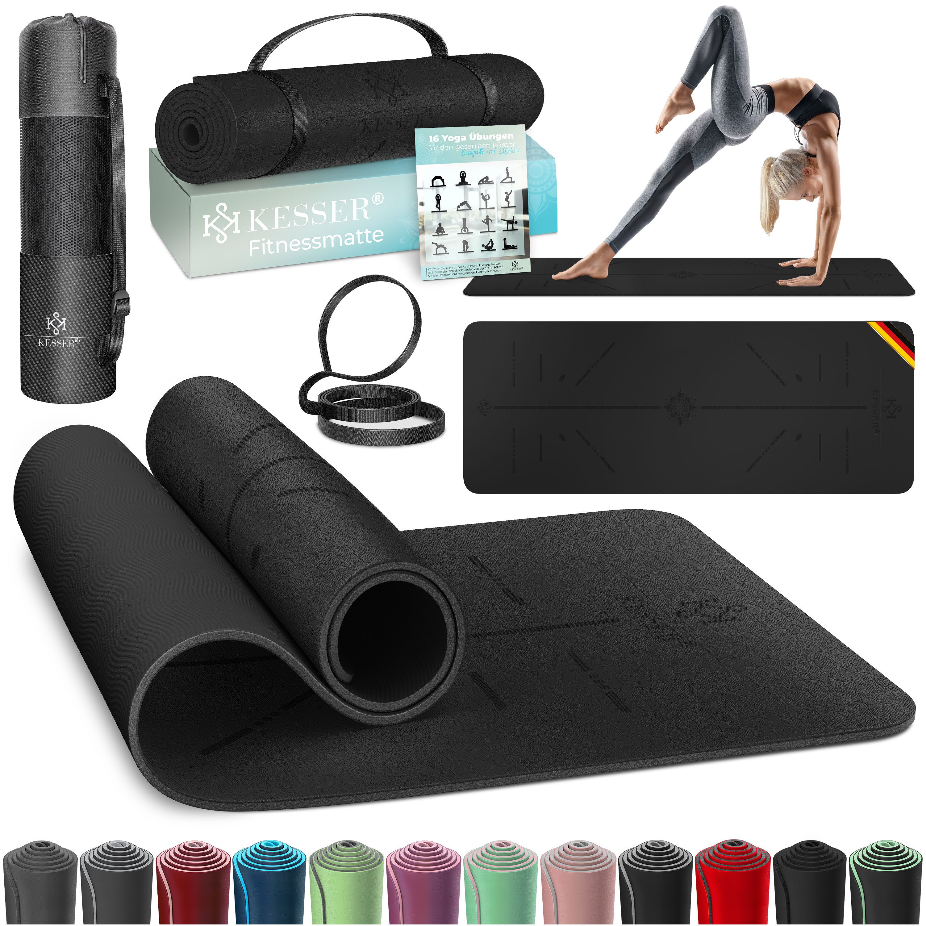 KESSER Yogamatte Gymnastikmatte gepolstert & rutschfest 183 x 61 cm Sportmatte, Trainingsmatte für Fitness, Pilates Gymnastik Workout & Yoga