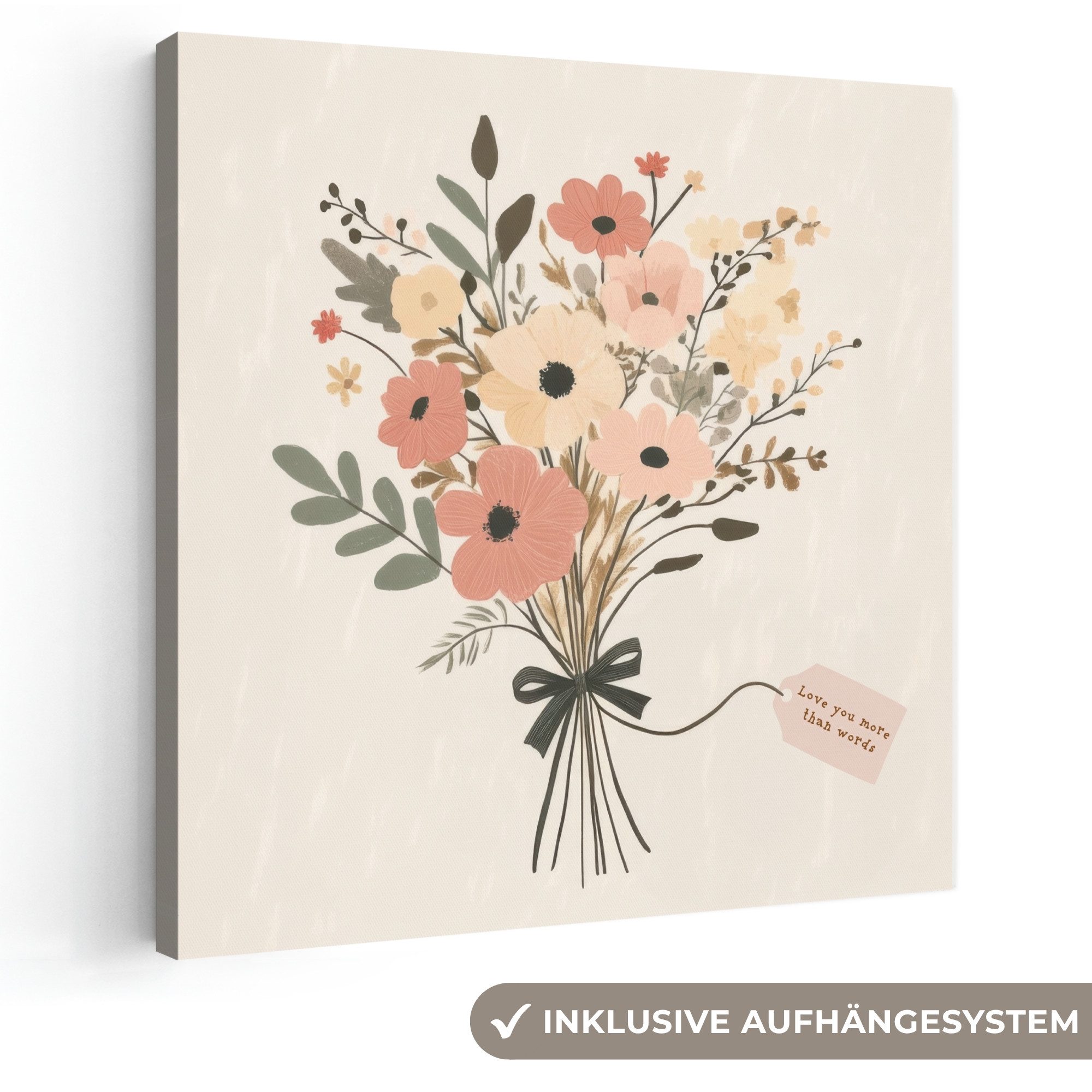 OneMillionCanvasses® Leinwandbild Blumen - Zitat - Beige - Farbband - Muttertagsgeschenk, Fotodruck (1 St), Wandbild, Deko Schlafzimmer Wohnzimmer Flur 20x20 cm