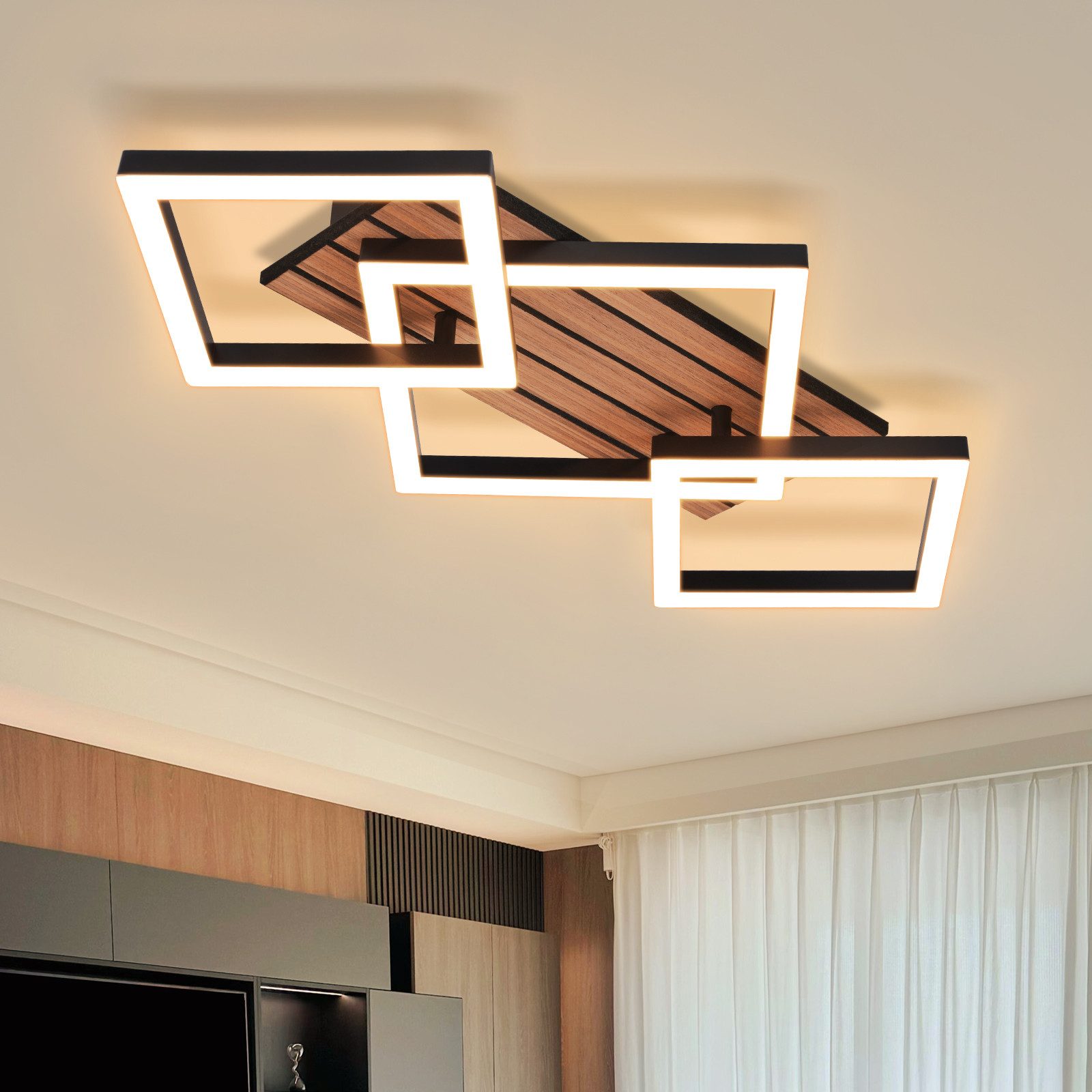 Nettlife LED Deckenleuchte Retro schwarz 14/21W eckig 3000K Warmweiß Design lampe Holz, LED fest integriert, für Küche Schlafzimmer Flur Wohnzimmer Bürolampe Zuhause