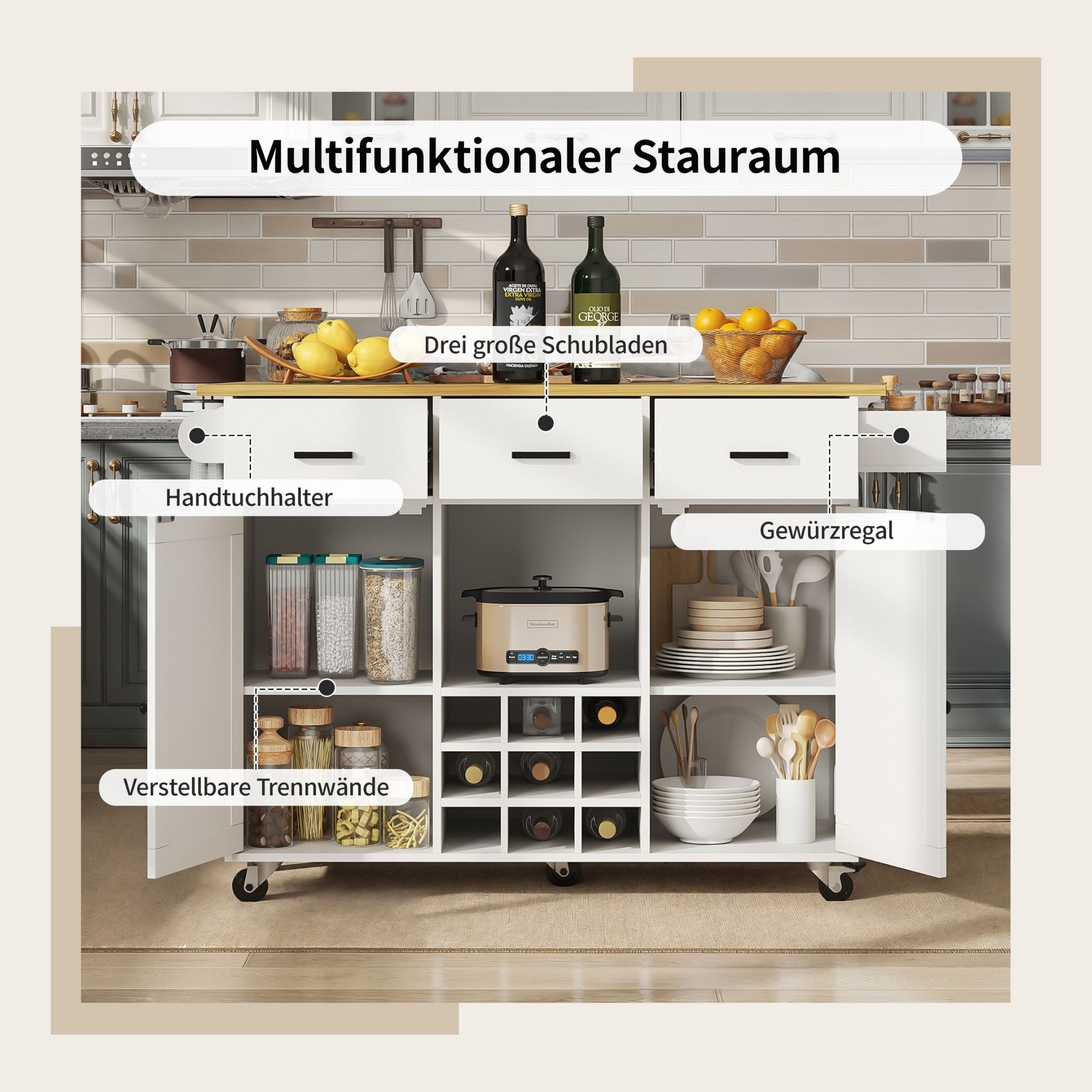 SeedWave Kücheninsel mit klappbarer Tischplatte, 3 Schubladen, Doppeltür-Schränken, Flaschenregal, Gewürz- & Handtuchhalter, Rollen mit Feststeller